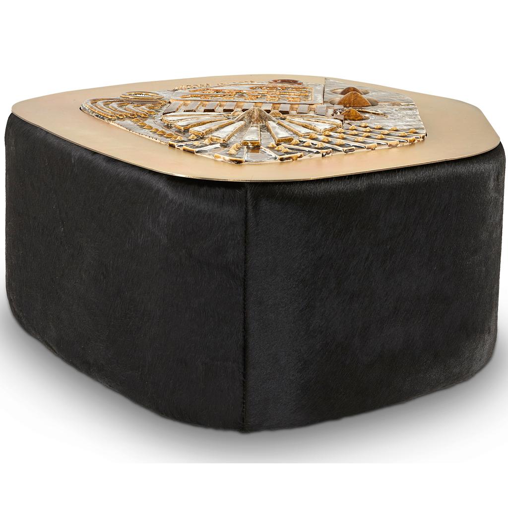 Modern Jive 70's Inspired Ceramic Mural, Brass & Black Hair on Hide Coffee Table For Sale