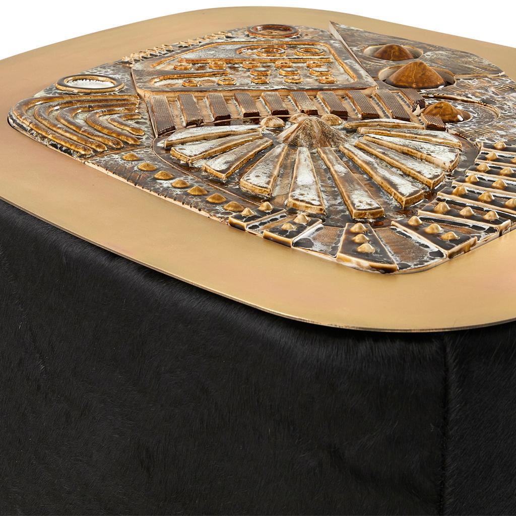 South African Jive 70's Inspired Ceramic Mural, Brass & Black Hair on Hide Coffee Table For Sale