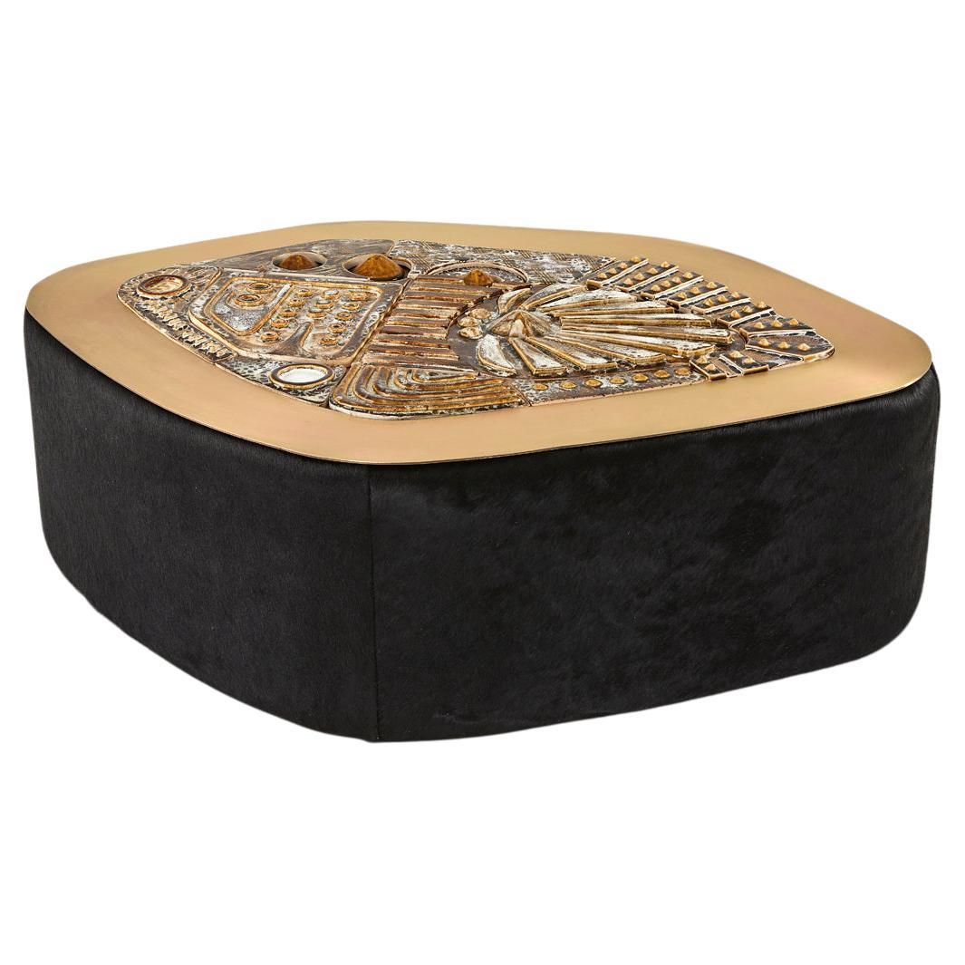 Jive 70's Inspired Ceramic Mural, Brass & Black Hair on Hide Coffee Table For Sale