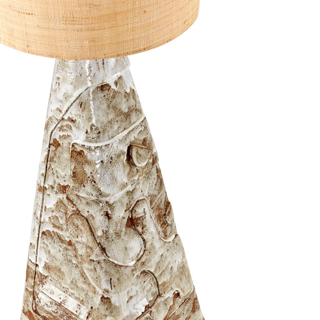 Polished Jive 70's Inspired, Large Modern Handmade Ceramic, Brass & Raffia Floor Lamp  For Sale