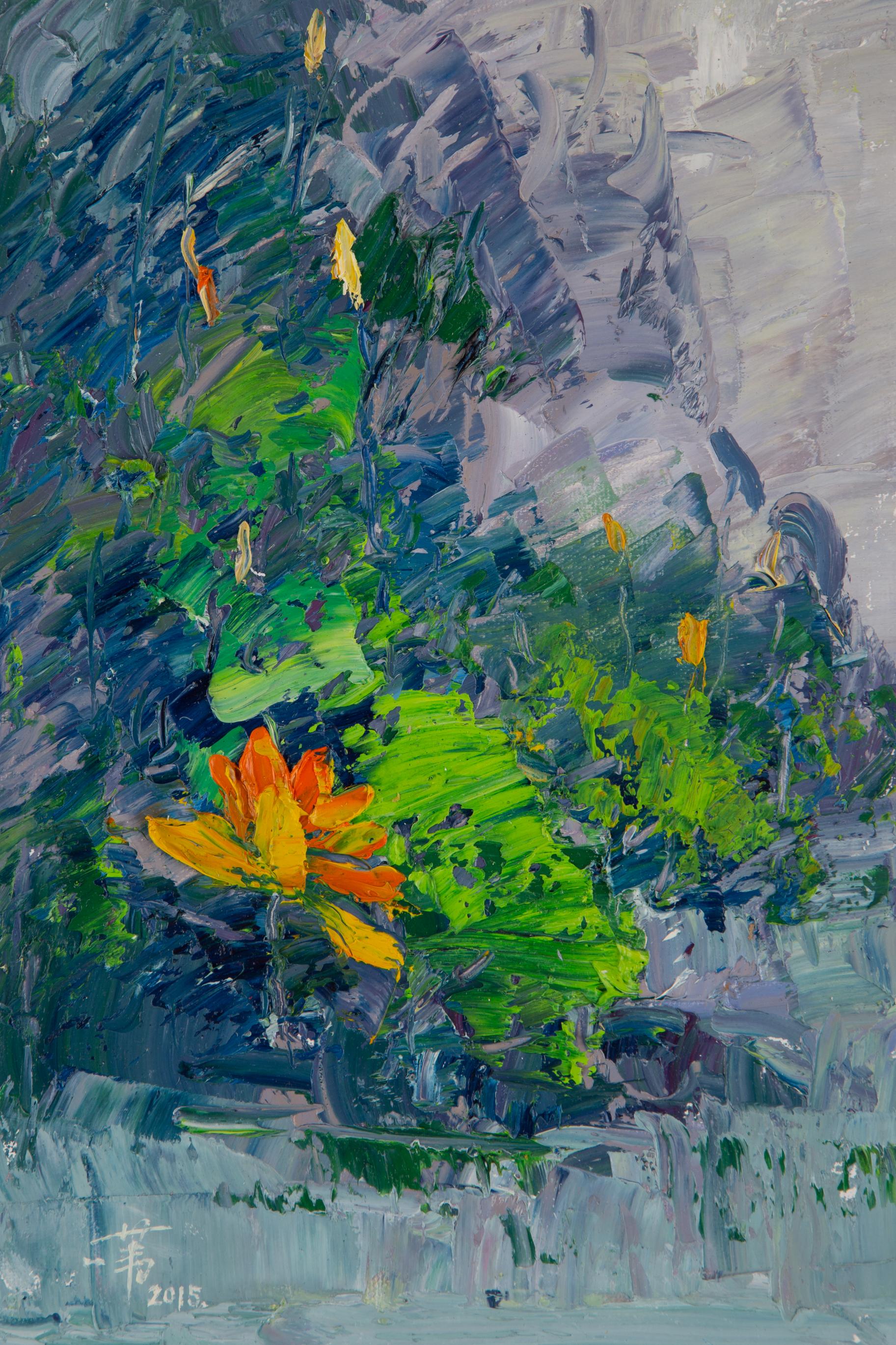 JiWei Chen, peinture à l'huile impressionniste originale de la série Lotus - Bleu foncé