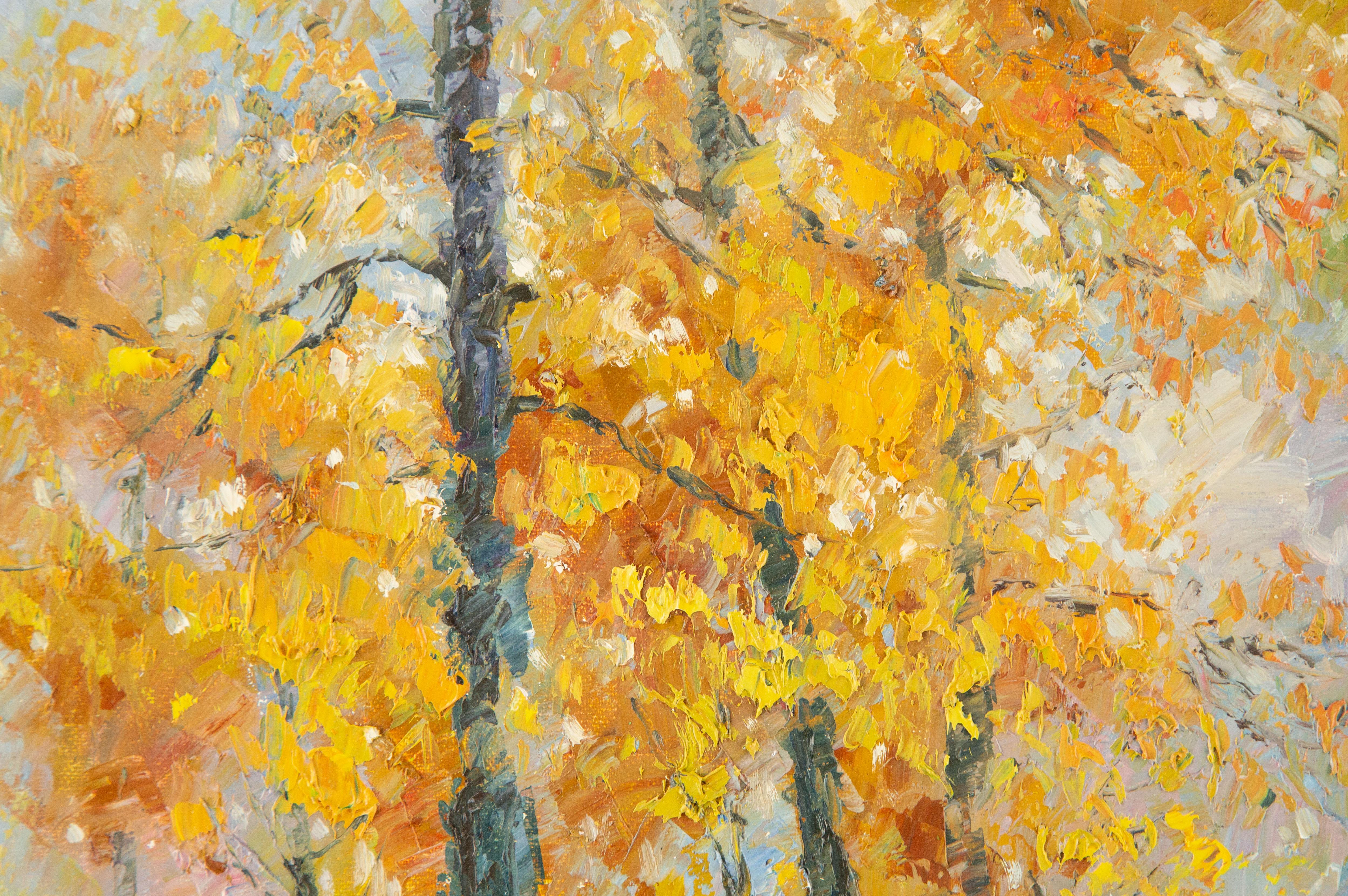  Title: Autumn View
 Medium: Oil on canvas
 Size: 15.25 x 19.25 inches
 Frame: Framing options available!
 Condition: The painting appears to be in excellent condition.
 Note: This painting is unstretched
 Year: 2015
 Artist: Jiwei Chen
 Signature: