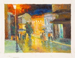 Jiwei Chen Paysage Original Huile sur Toile "Night in Townes" (Nuit en Ville)