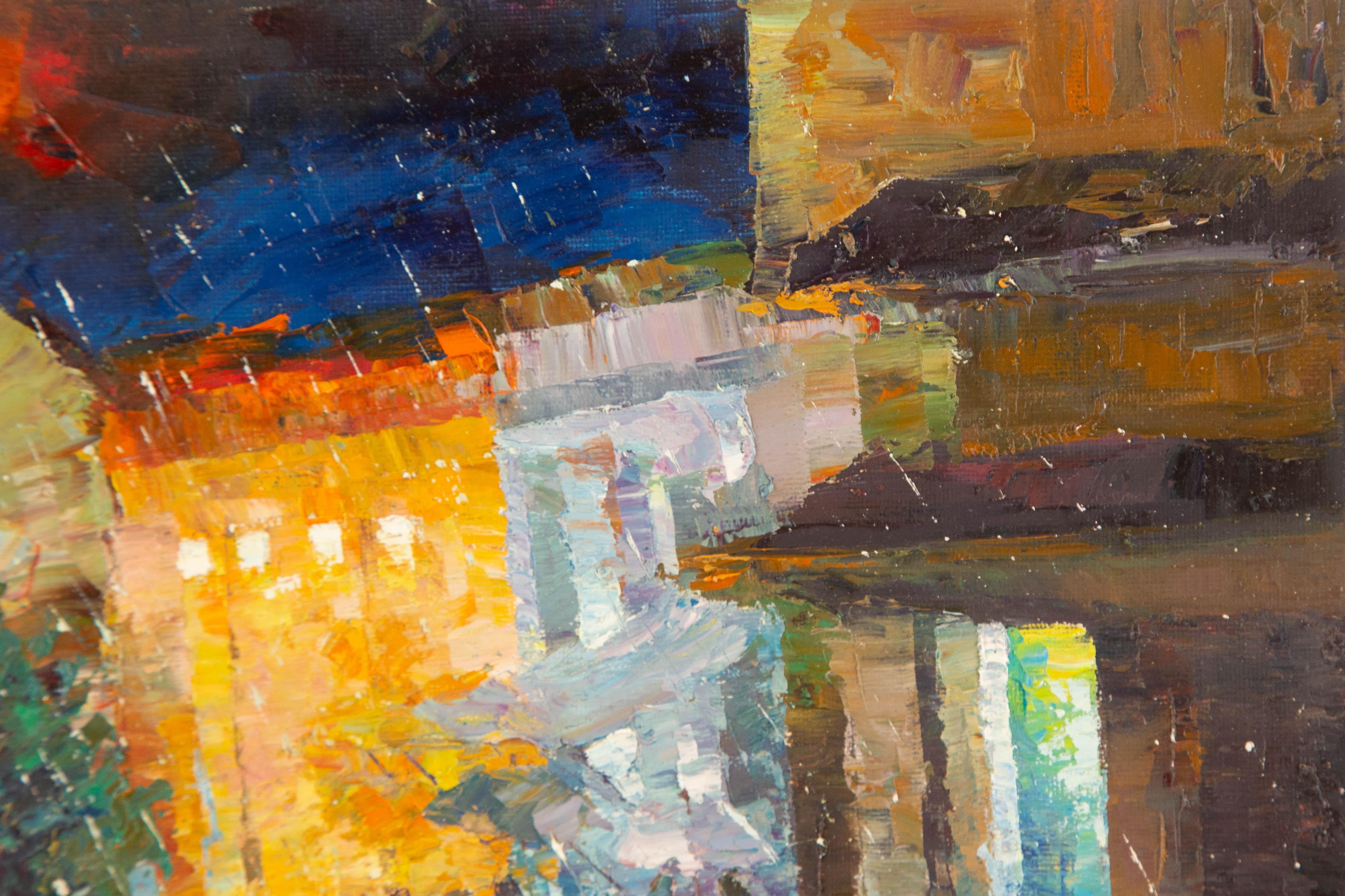  Title: Night in Town
 Medium: Oil on canvas
 Size: 11.5 x 15.5 inches
 Frame: Framing options available!
 Condition: The painting appears to be in excellent condition.
 Note: This painting is unstretched, shipped rolled unless stretching/framing is