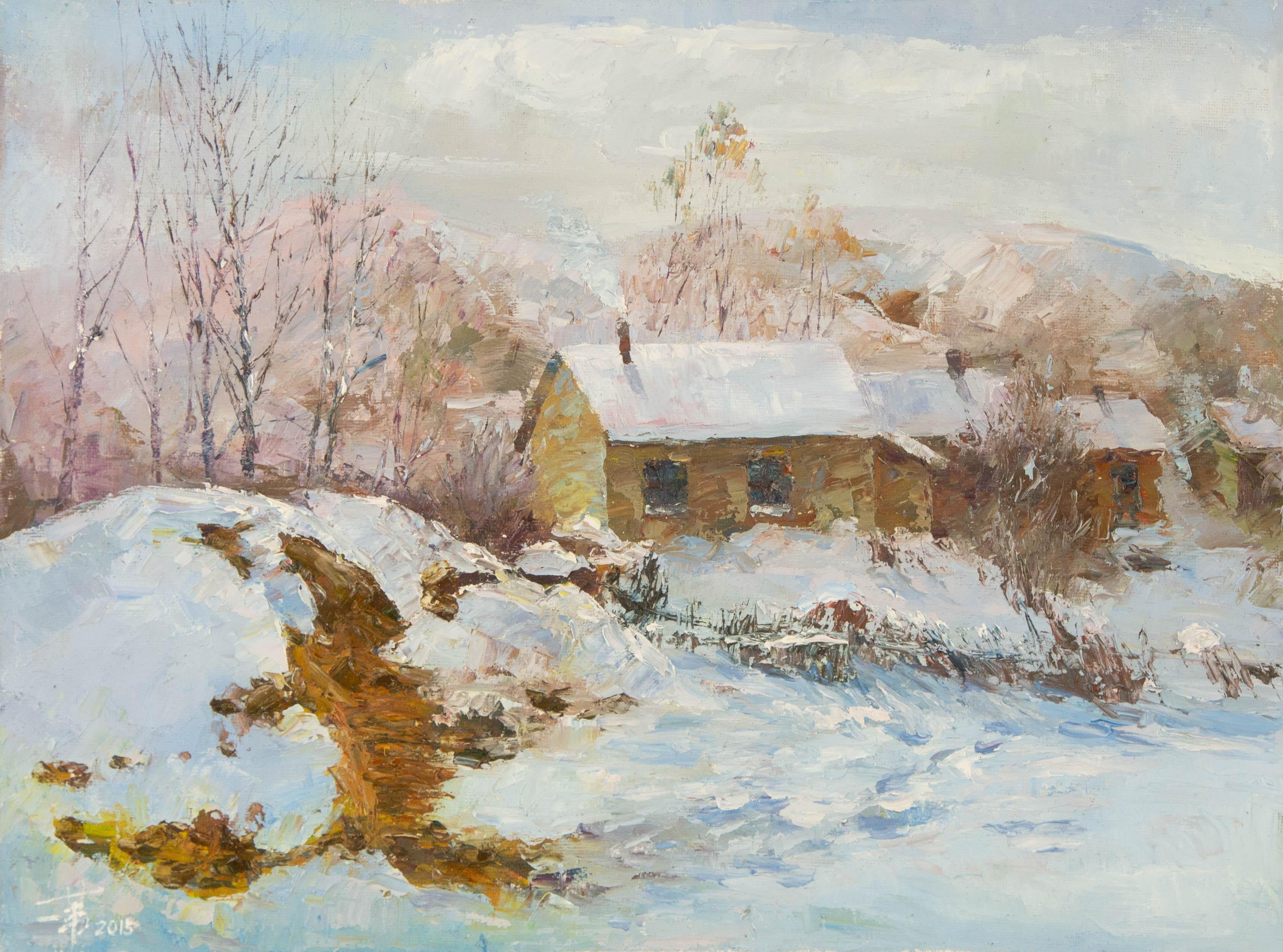 Jiwei Chen Landschaft Original Öl auf Leinwand "Schneedorf"