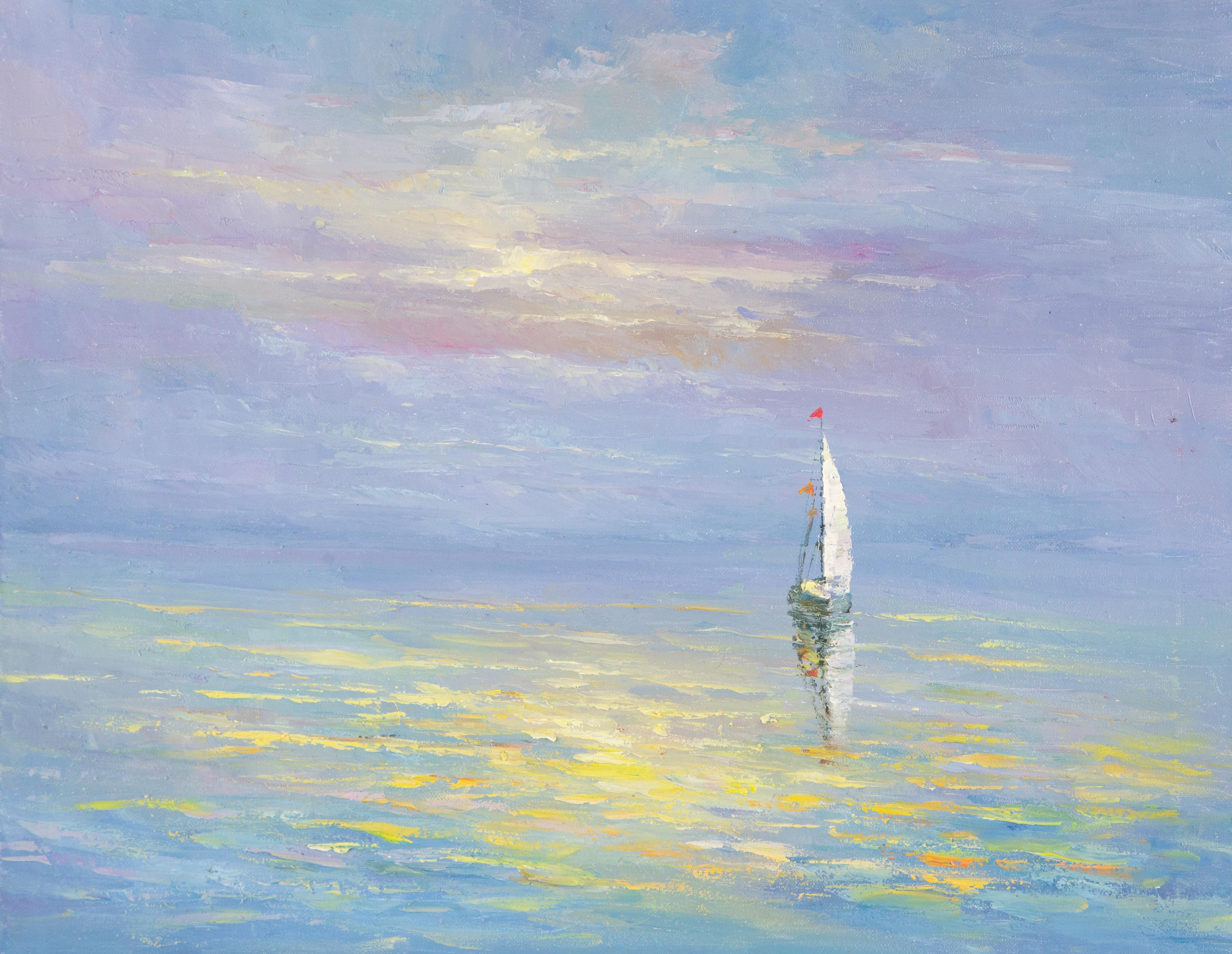  Title: Sailboat
 Medium: Oil on canvas
 Size: 15.25 x 19.25 inches
 Frame: Framing options available!
 Condition: The painting appears to be in excellent condition.
 Note: This painting is unstretched
 Year: 2015
 Artist: Jiwei Chen
 Signature: