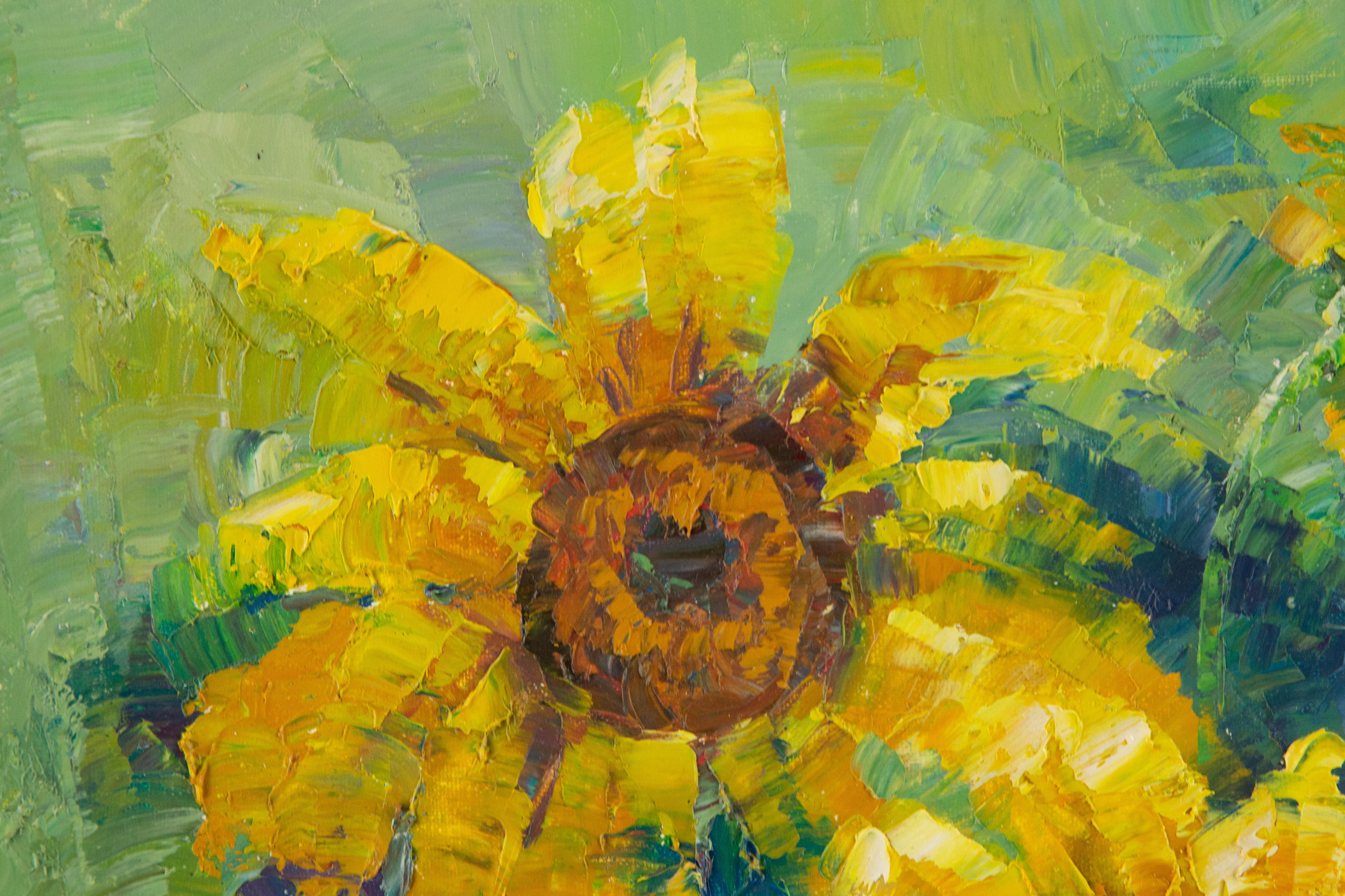 Jiwei Chen Stillleben Original Ölgemälde auf Leinwand „Sonnenblumen“ (Grün), Still-Life Painting, von JiWei Chen 