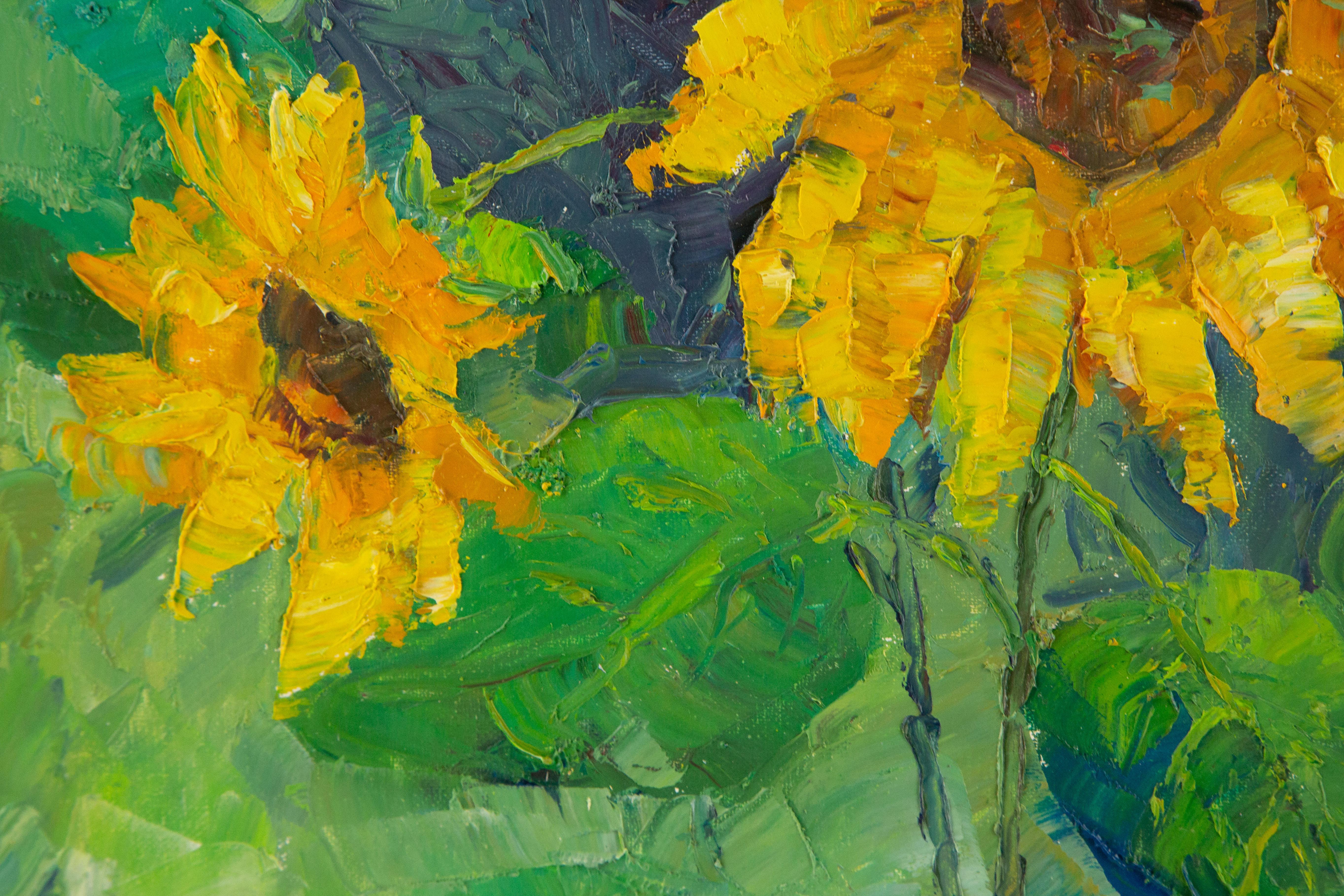 Jiwei Chen Stillleben Original Ölgemälde auf Leinwand „Sonnenblumen“ im Angebot 1