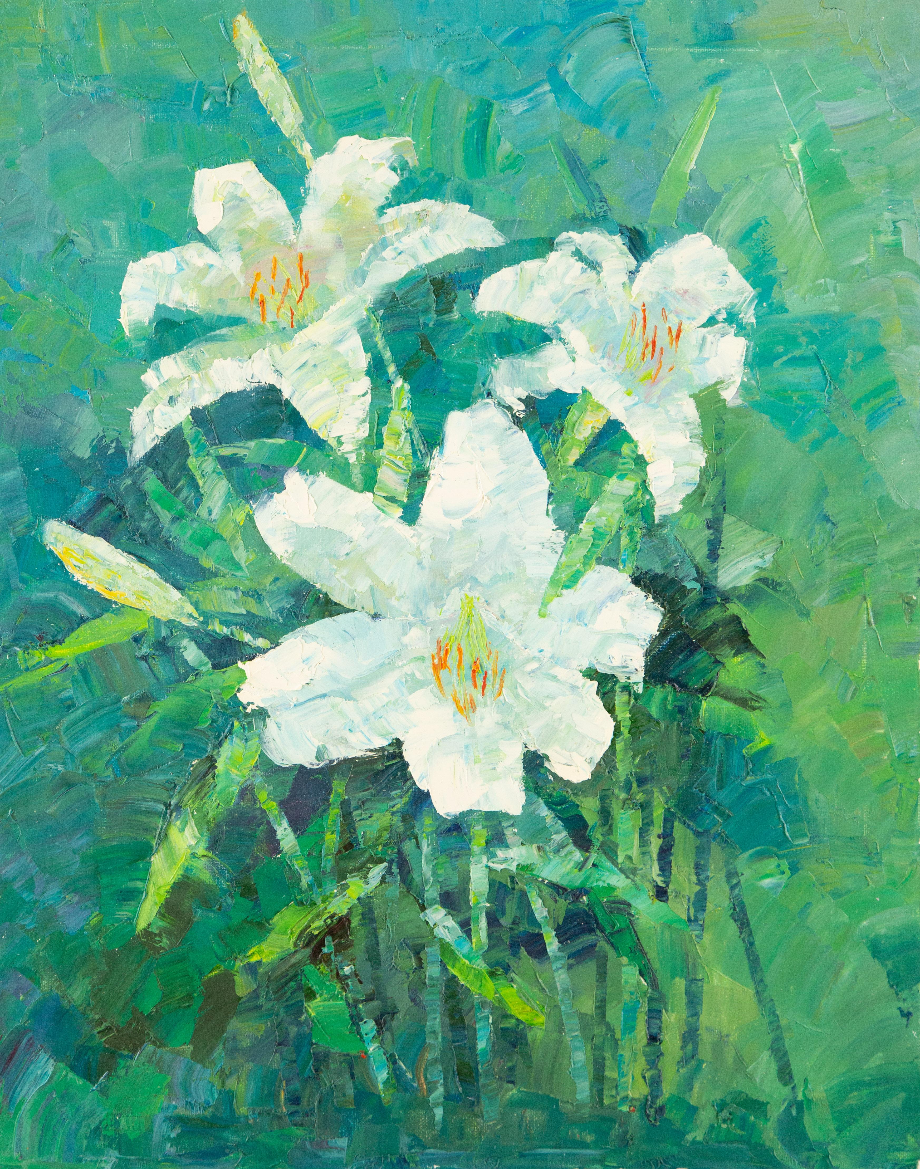  Title: White Lily
 Medium: Oil on canvas
 Size: 19.25 x 15.25 inches
 Frame: Framing options available!
 Condition: The painting appears to be in excellent condition.
 Note: This painting is unstretched
 Year: 2015
 Artist: Jiwei Chen
 Signature: