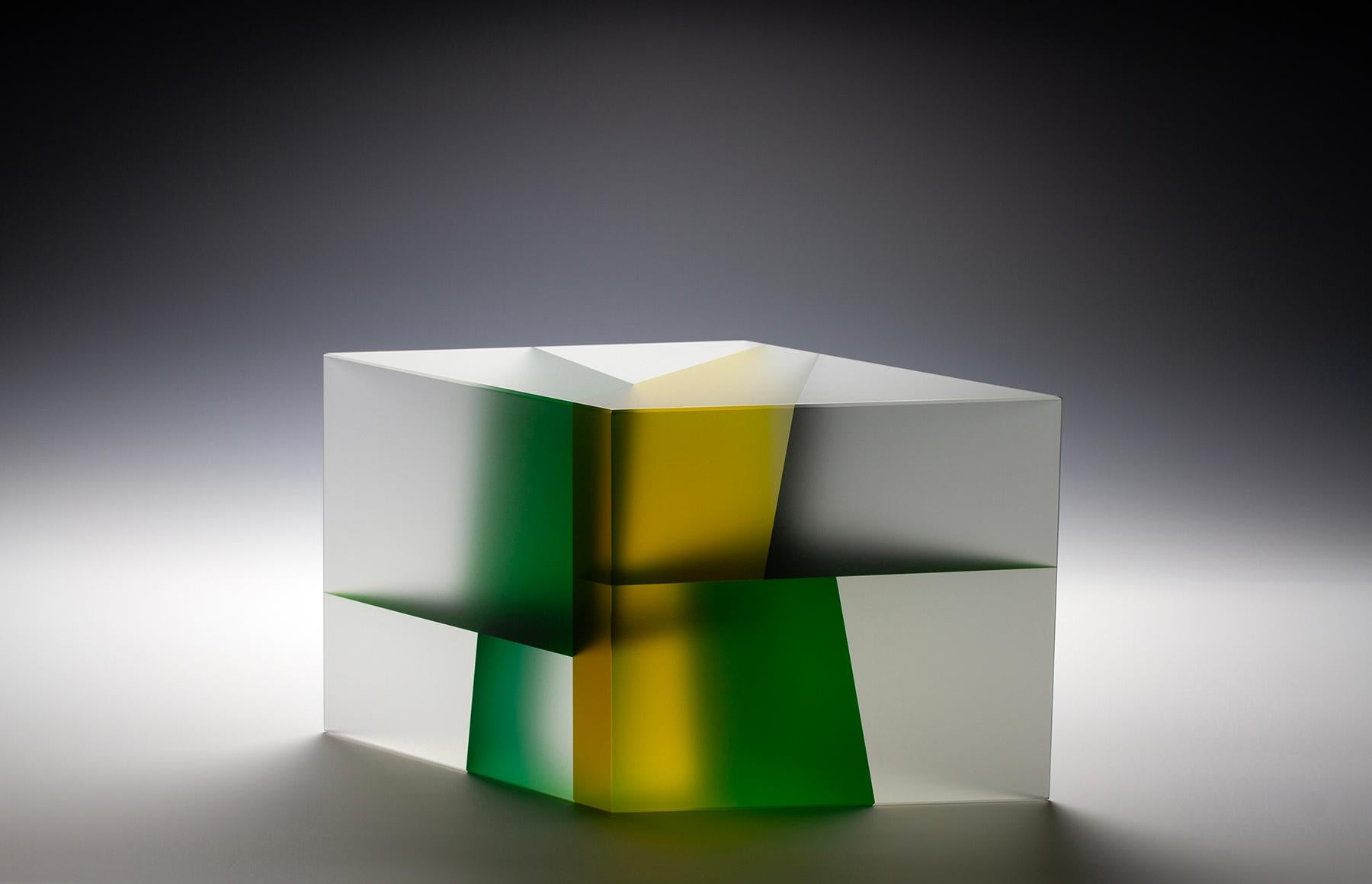 "Green Parallelepiped Segmentation", Optical Glass Sculpture, Laminated Interior