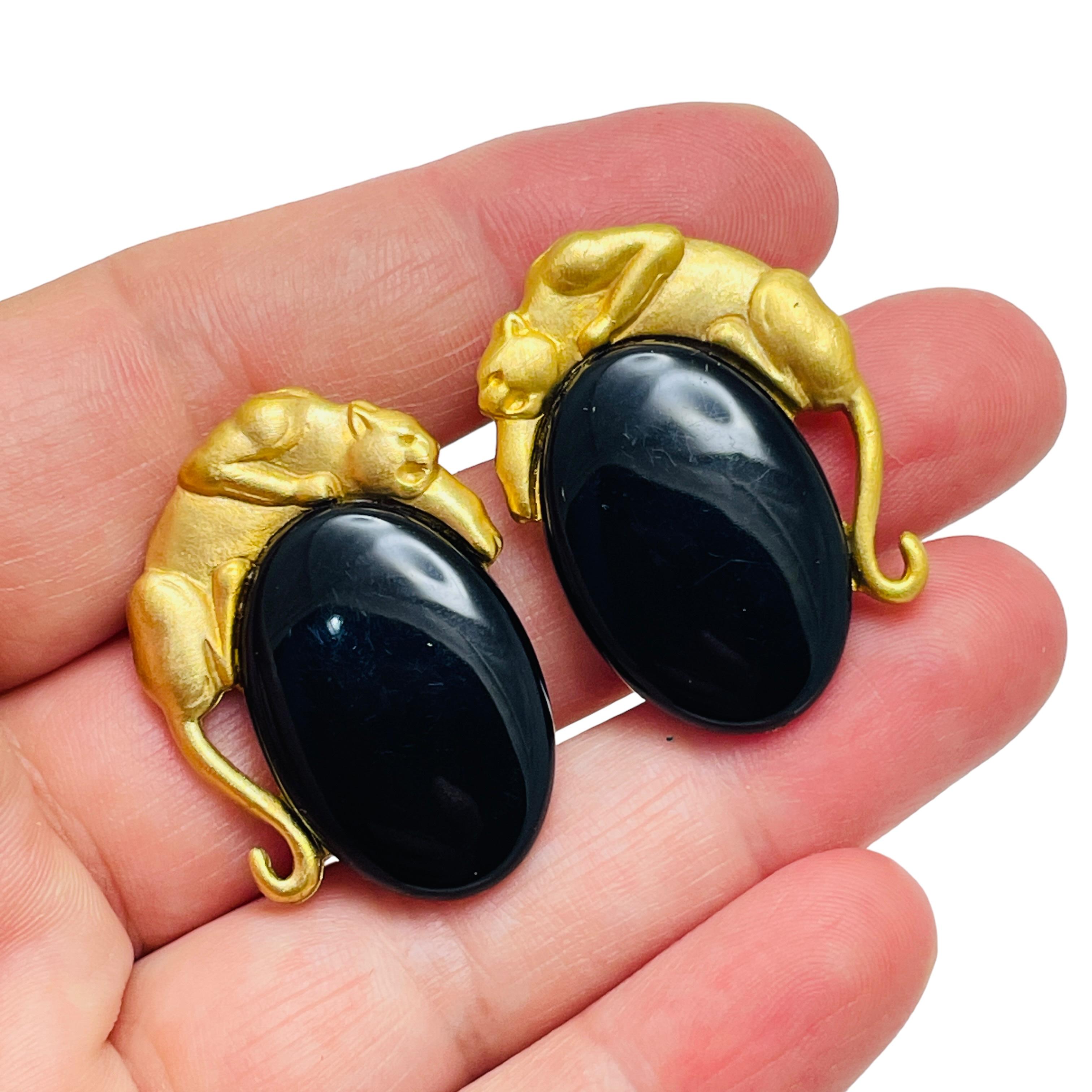 Women's JJ 1988 signed vintage gold bkack glass panther designer earrings