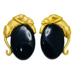 JJ 1988 signed vintage gold bkack glass panther designer earrings
