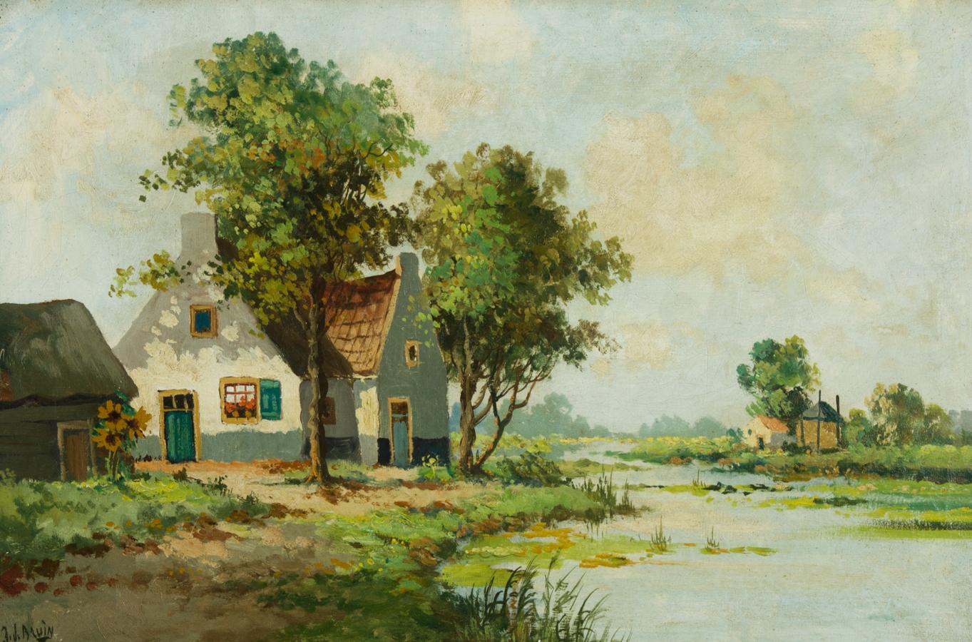 J.J. Bruin - Signed and Framed Early 20th Century Oil, River Cottage 1