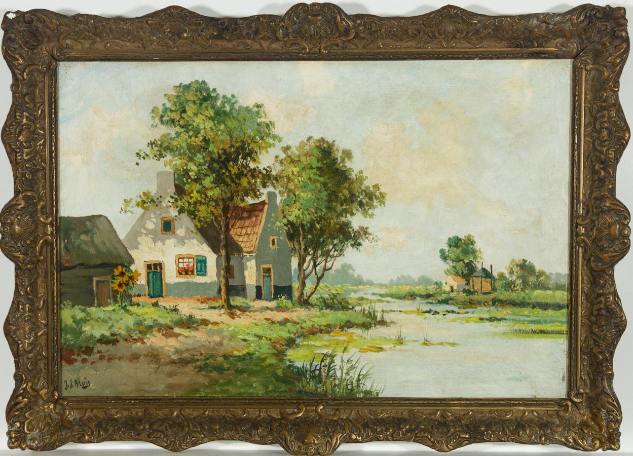 A lively cottage scene, with a delightfully summery quality. The use of verdant green tones and impressionistic brush strokes creates a lush vision of a rural riverscape. Impressively presented in an gilt swept frame with scallop shell detail and