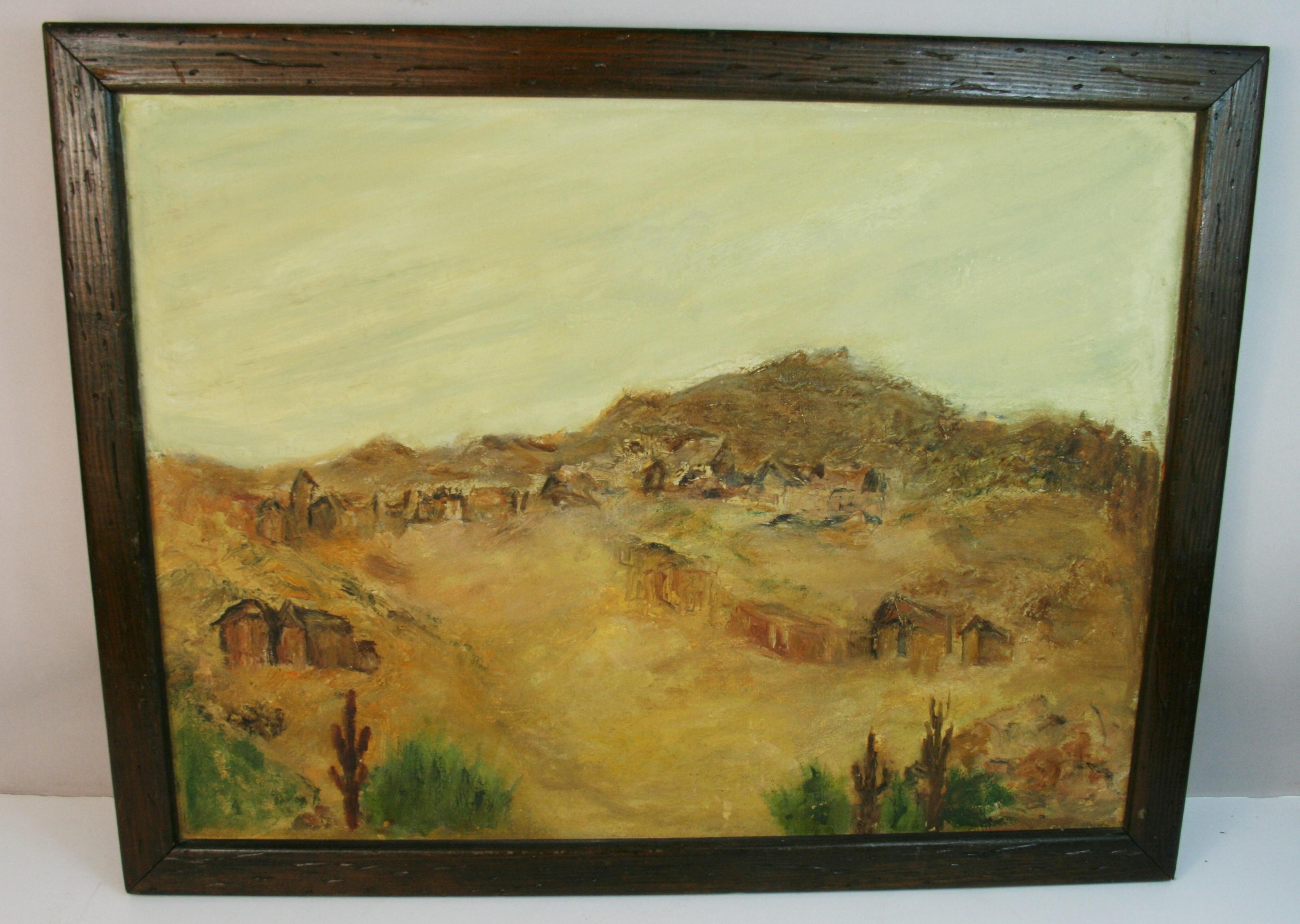 Antique Western Oil Painting Arizona Abanded Mining Camp 1930 - Beige Landscape Painting by J.J, Flamm