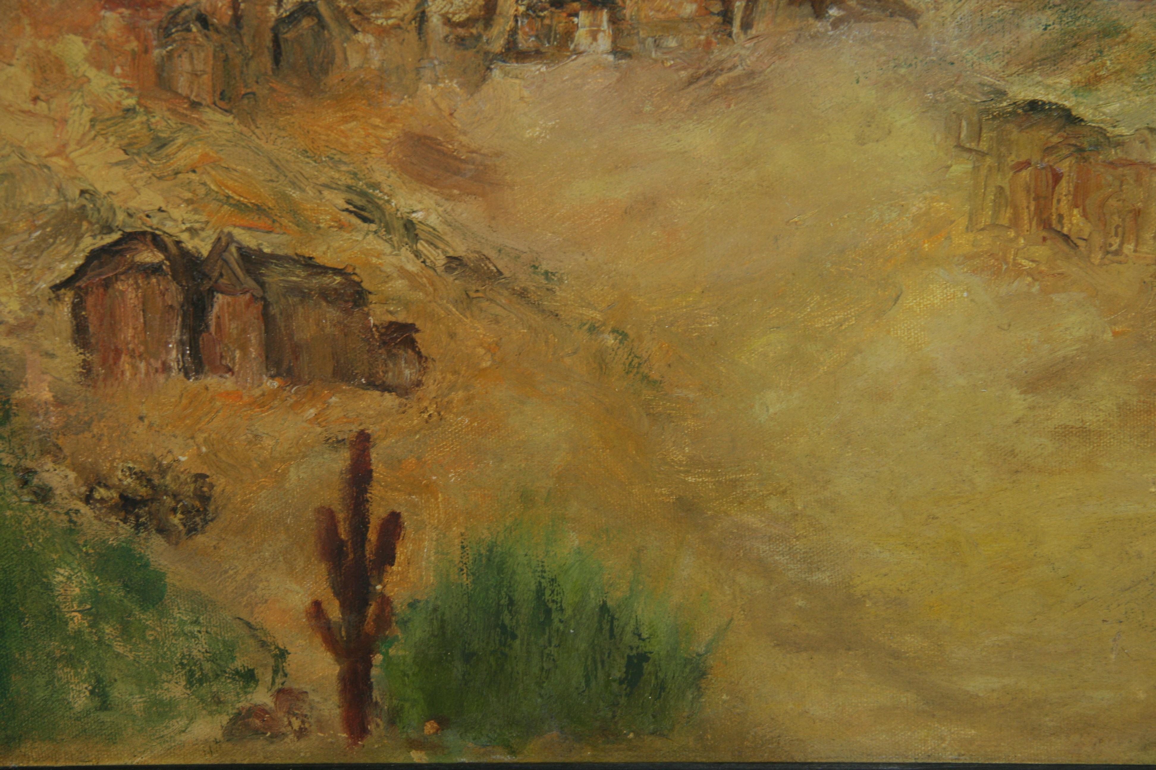 Antique Western Oil Painting Arizona Abanded Mining Camp 1930 For Sale 2