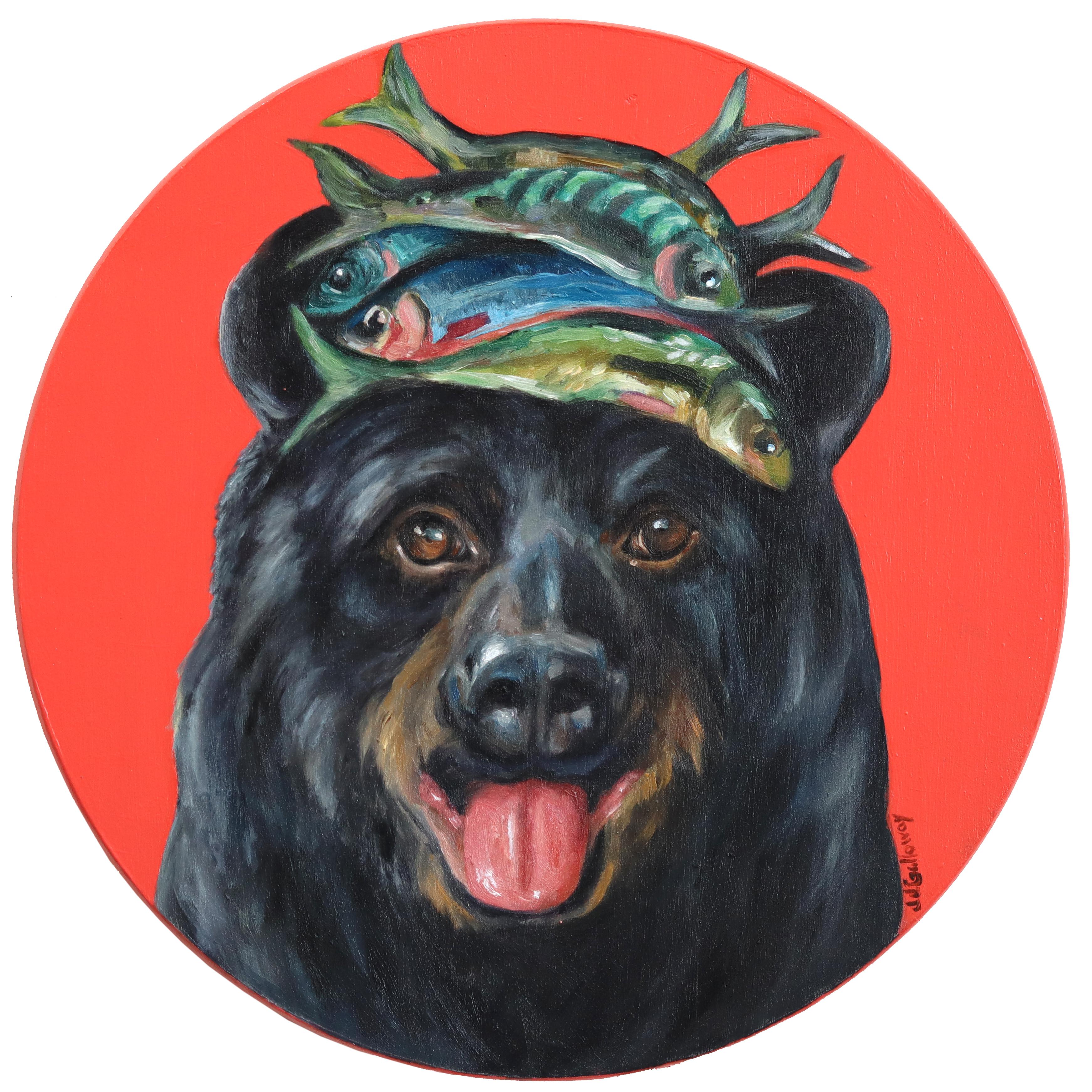 „Black Bear’s Fish Tower Top Hat“ – Originelles, verspieltes Ölgemälde auf Holztafel
