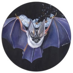 Löwenzahnfledermaus – Originelles, verspieltes Ölgemälde eines nachtaktiven Tieres auf Holztafel