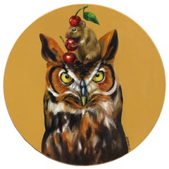 Horned Owl with His Mouse - Warm Tone Whimsical Bird Painting on Wood Panel