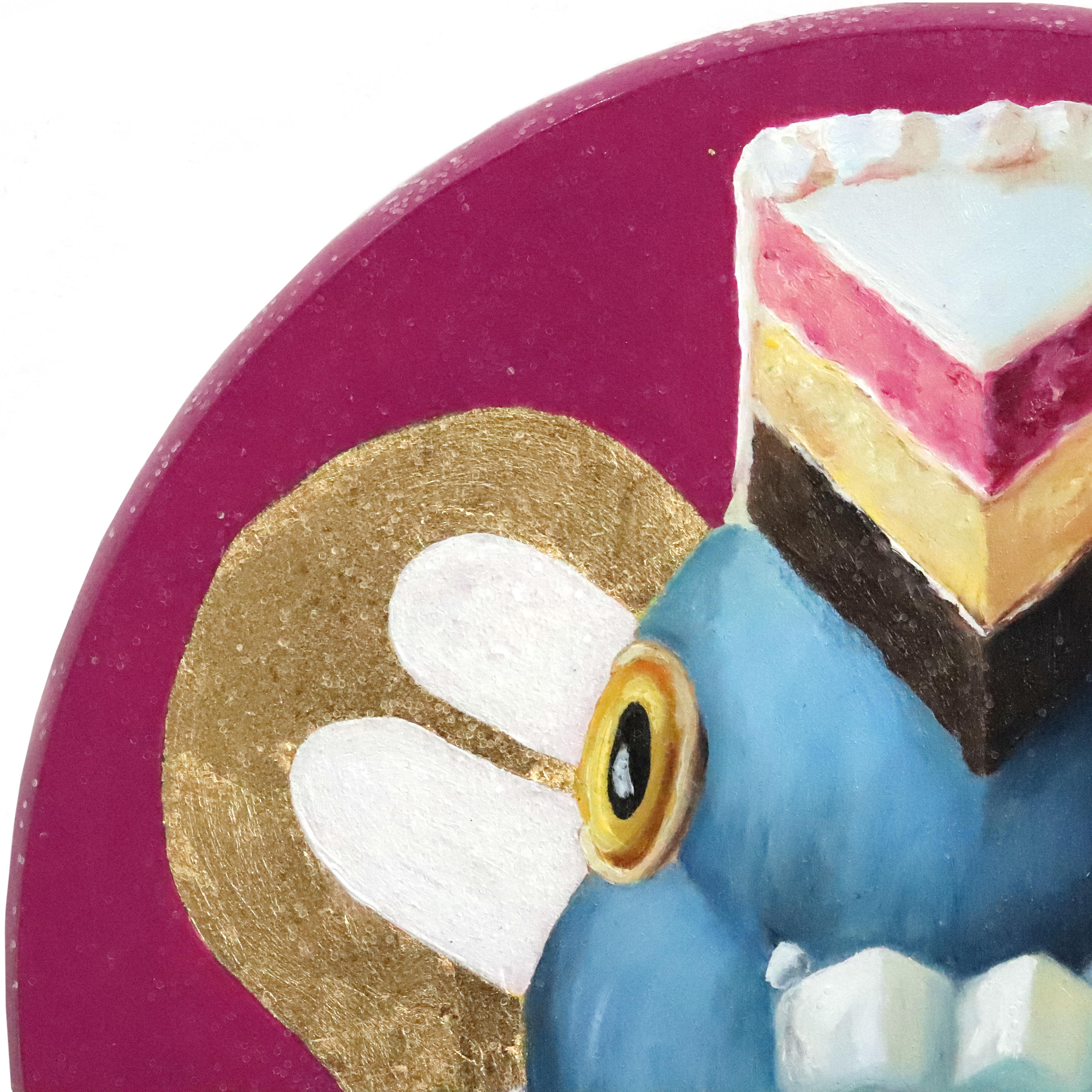 Hada napolitana - Pintura caprichosa de pájaros y postres en tono magenta sobre madera - Painting Arte pop de JJ Galloway