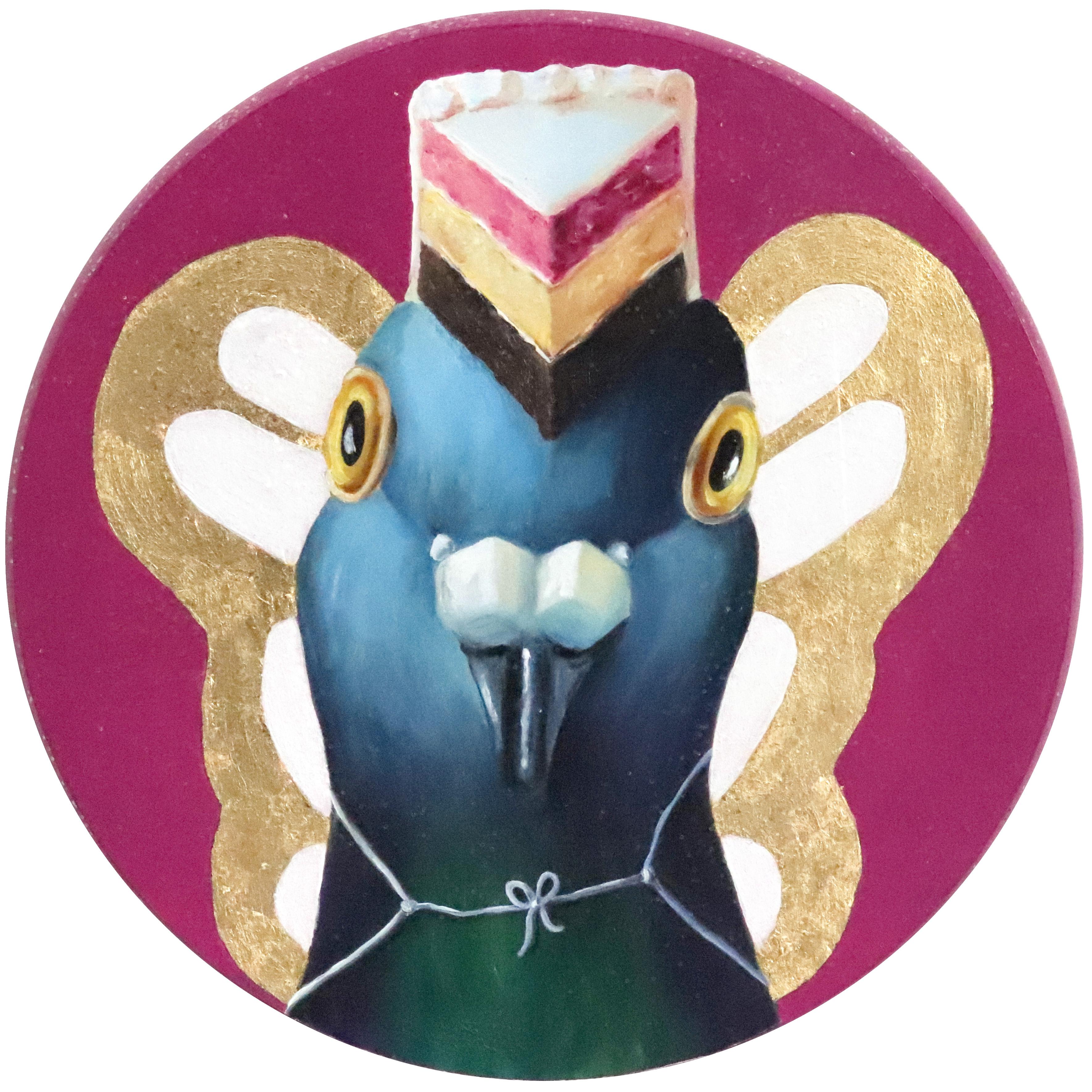 Neapolitan Fairy - Whimsical Magenta Tone Bird and Dessert Painting on Wood