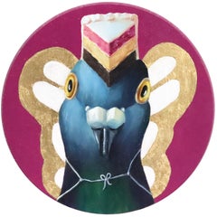 Neapolitan Fairy - Whimsical Magenta Tone Bird and Dessert Painting on Wood