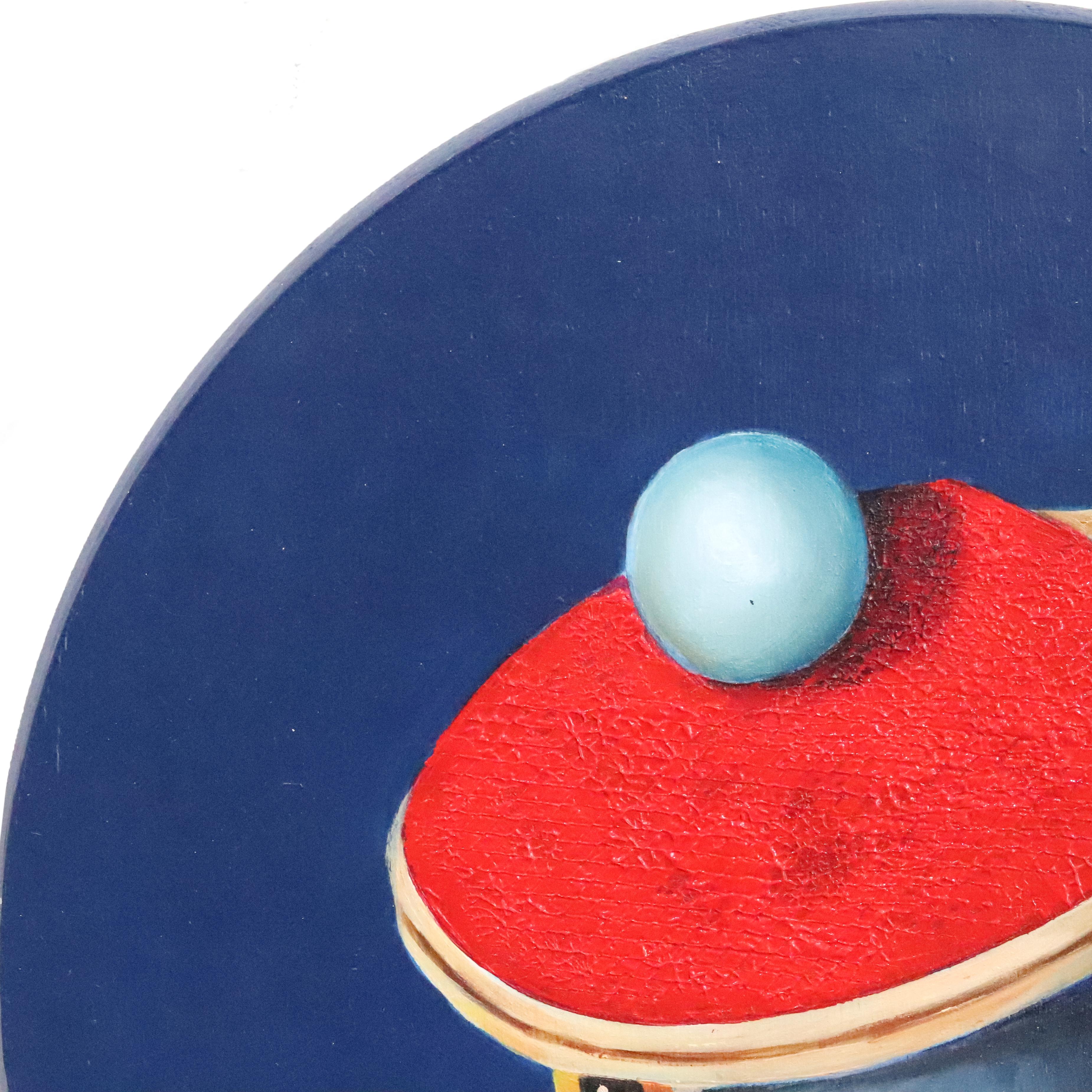 Ping Pong Pigeon No. 1 - Peinture originale d'oiseau fantaisiste et coloré sur panneau de bois - Pop Art Painting par JJ Galloway