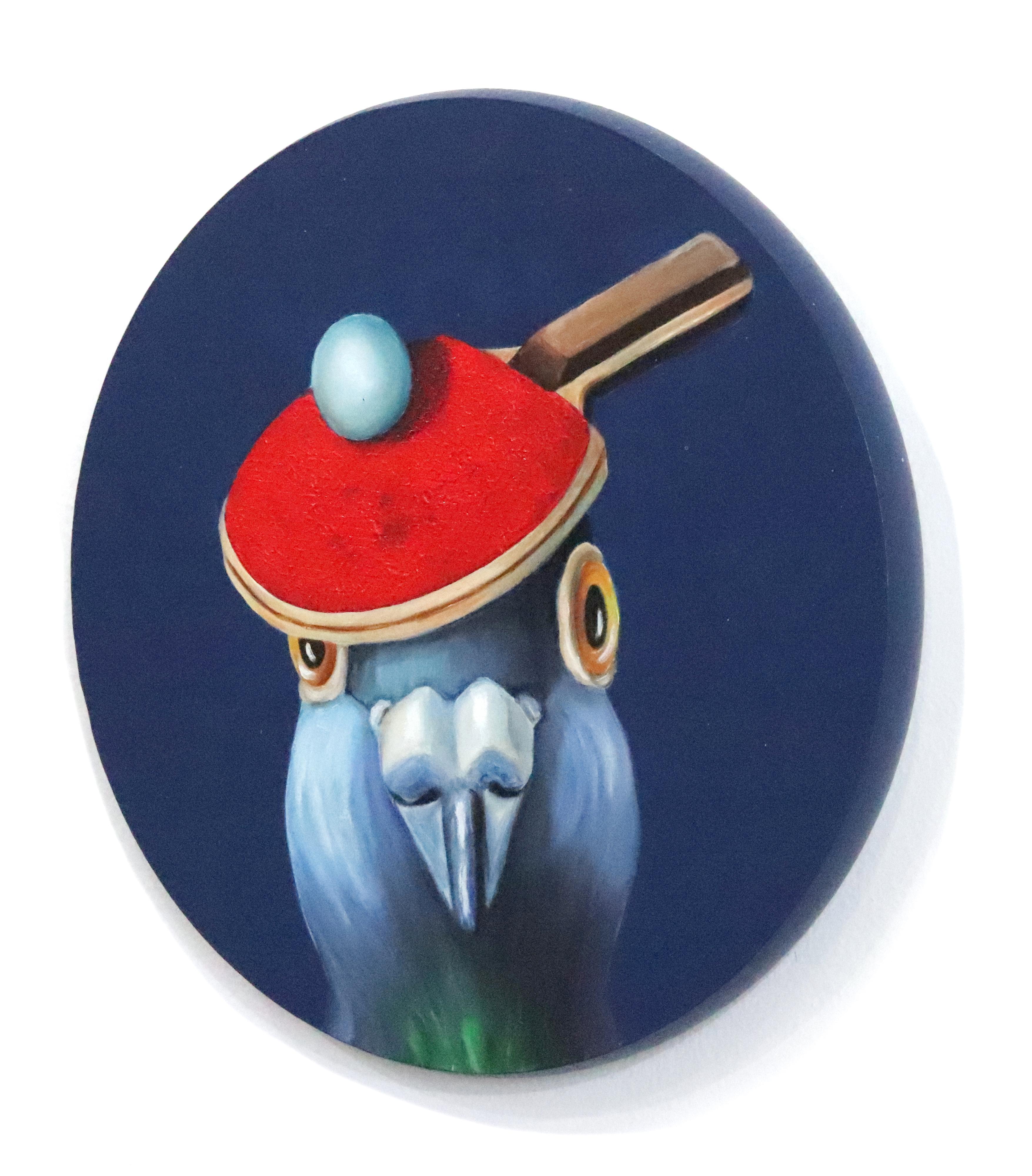 Ping Pong Pigeon No. 1 - Peinture originale d'oiseau fantaisiste et coloré sur panneau de bois - Violet Figurative Painting par JJ Galloway