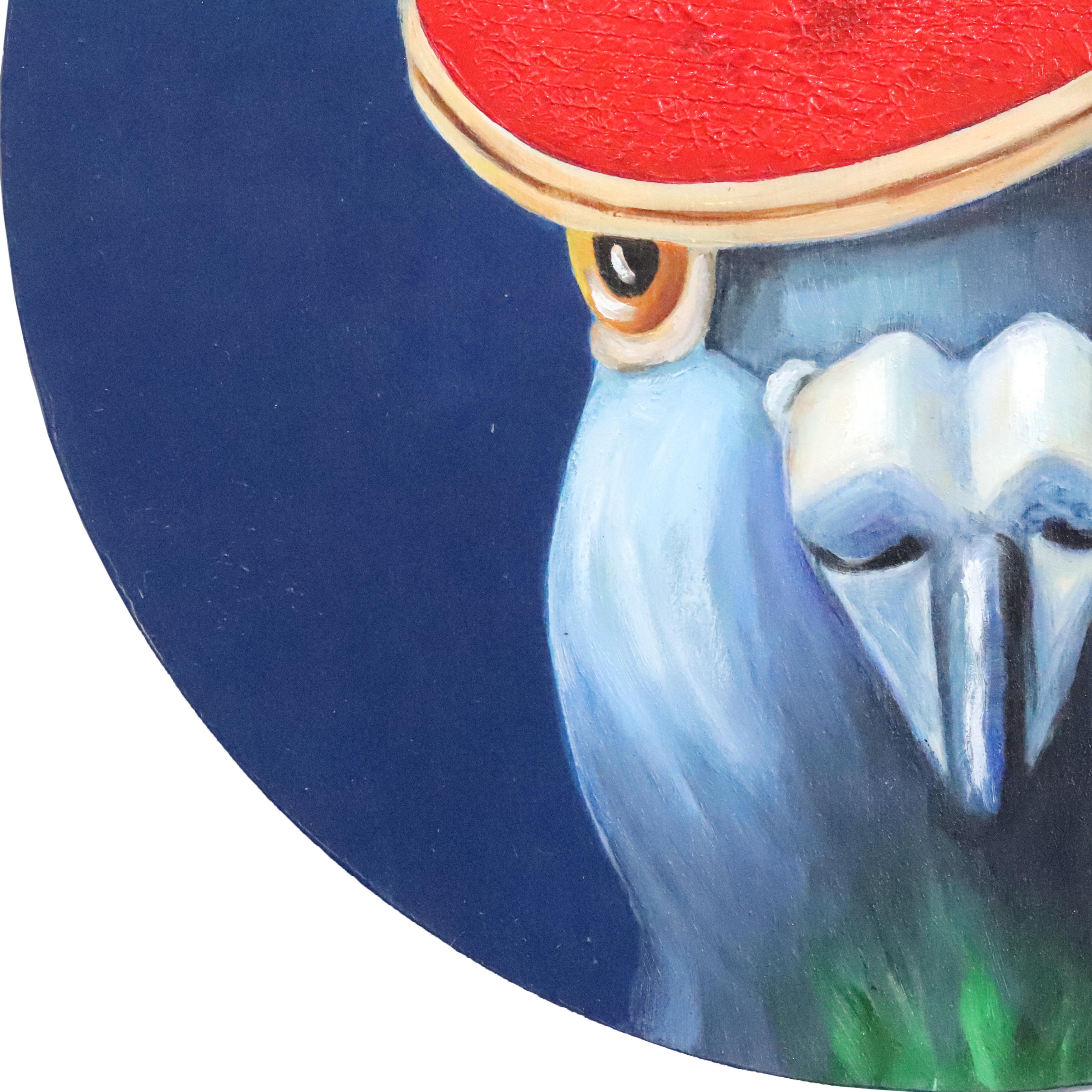 Ping Pong Pigeon No. 1 - Peinture originale d'oiseau fantaisiste et coloré sur panneau de bois en vente 3