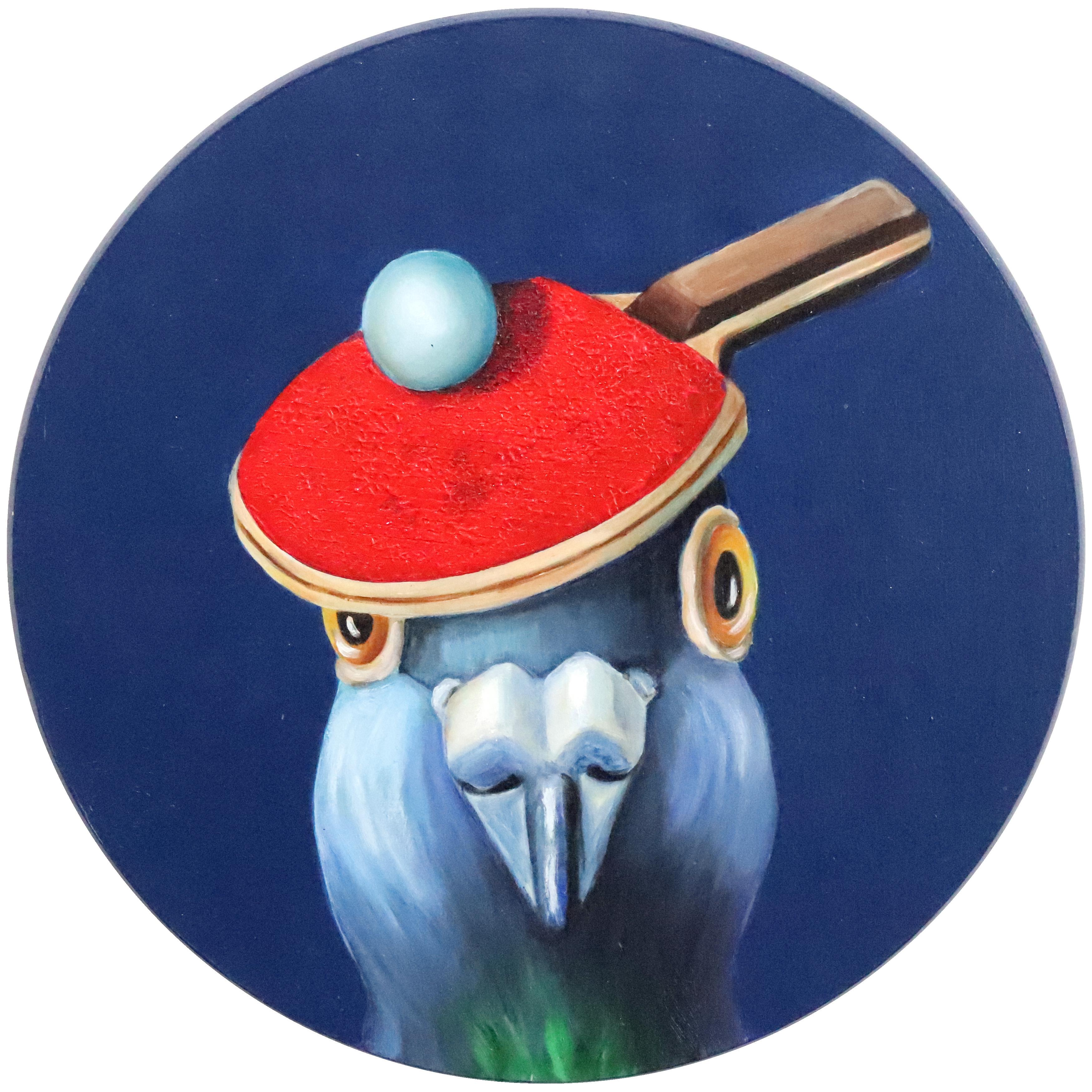 Paloma Ping Pong nº 1 - Pintura original de pájaros caprichosos de colores sobre panel de madera
