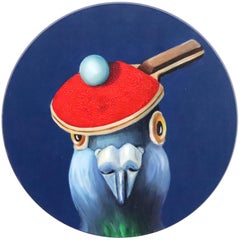 Ping Pong Pigeon No. 1 - Peinture originale d'oiseau fantaisiste et coloré sur panneau de bois