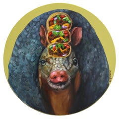 Portrait of an Armadillo, Bearing Burritos - Whimsical Painting on Wood Panel