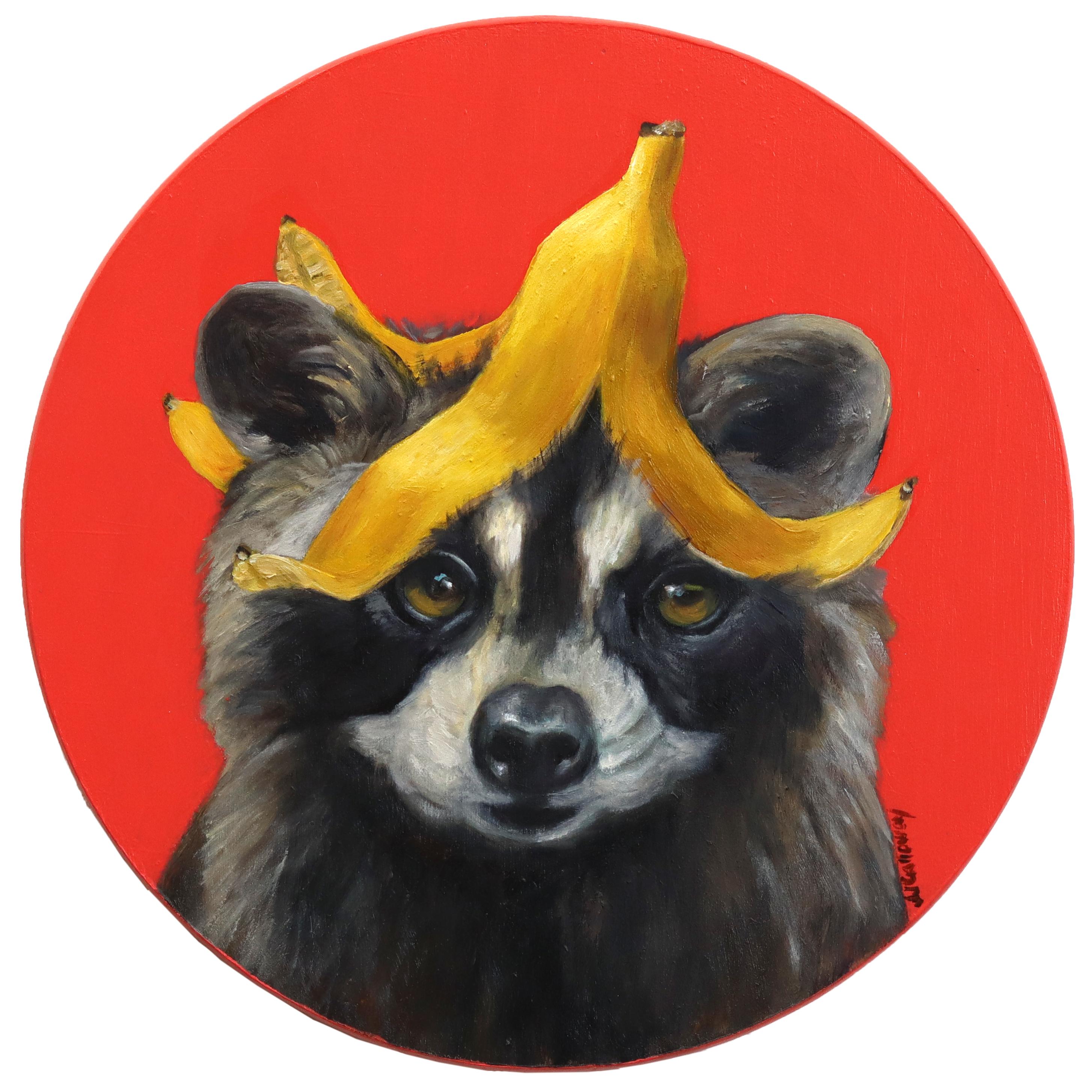 Raccoon with Banana Bangs - Original Whimsical Animal Oil Painting on Wood Panel