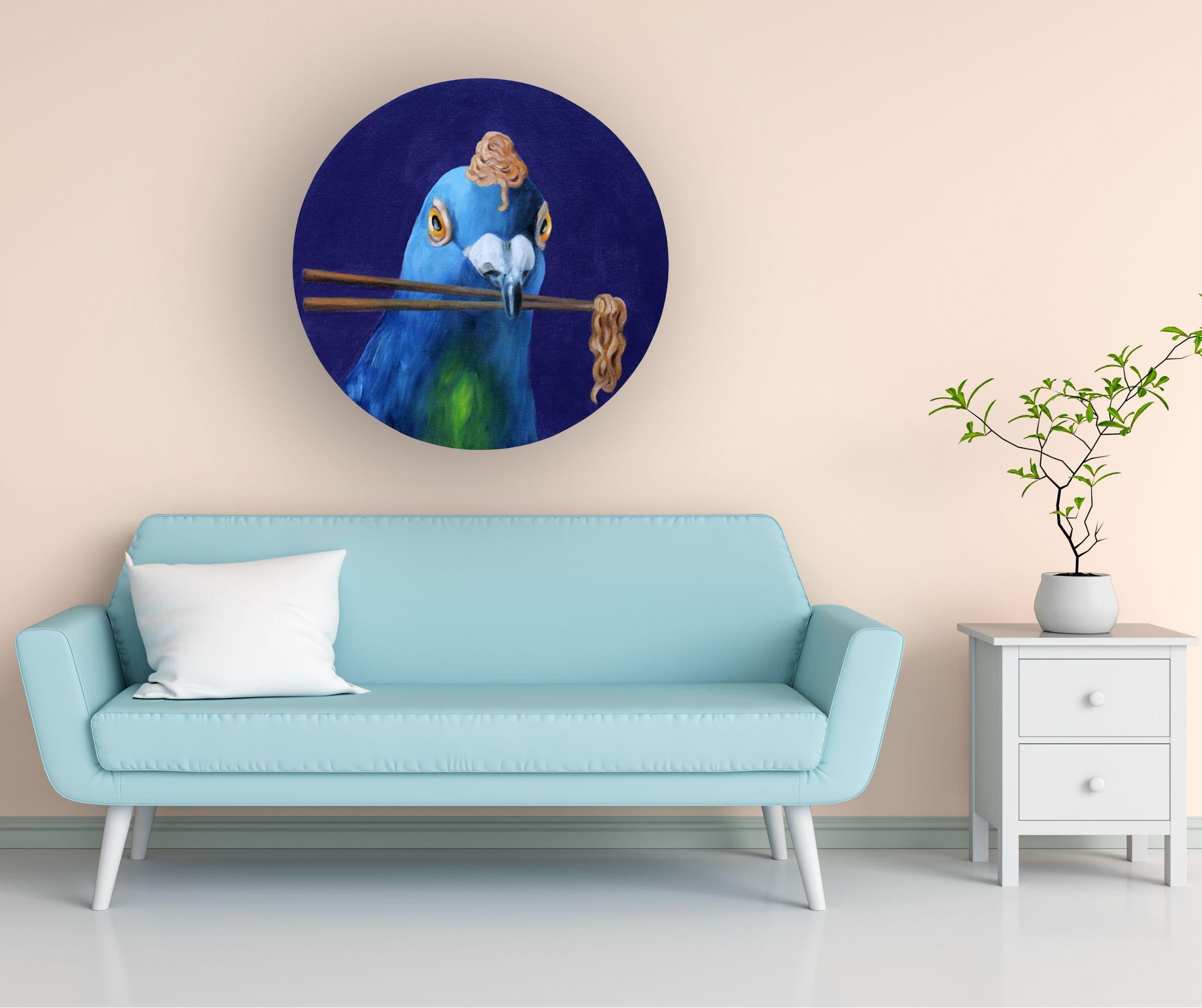 Ramen Pigeon - Original zeitgenössisches Kunstwerk - surrealistische Tiermalerei (Surrealismus), Art, von JJ Galloway