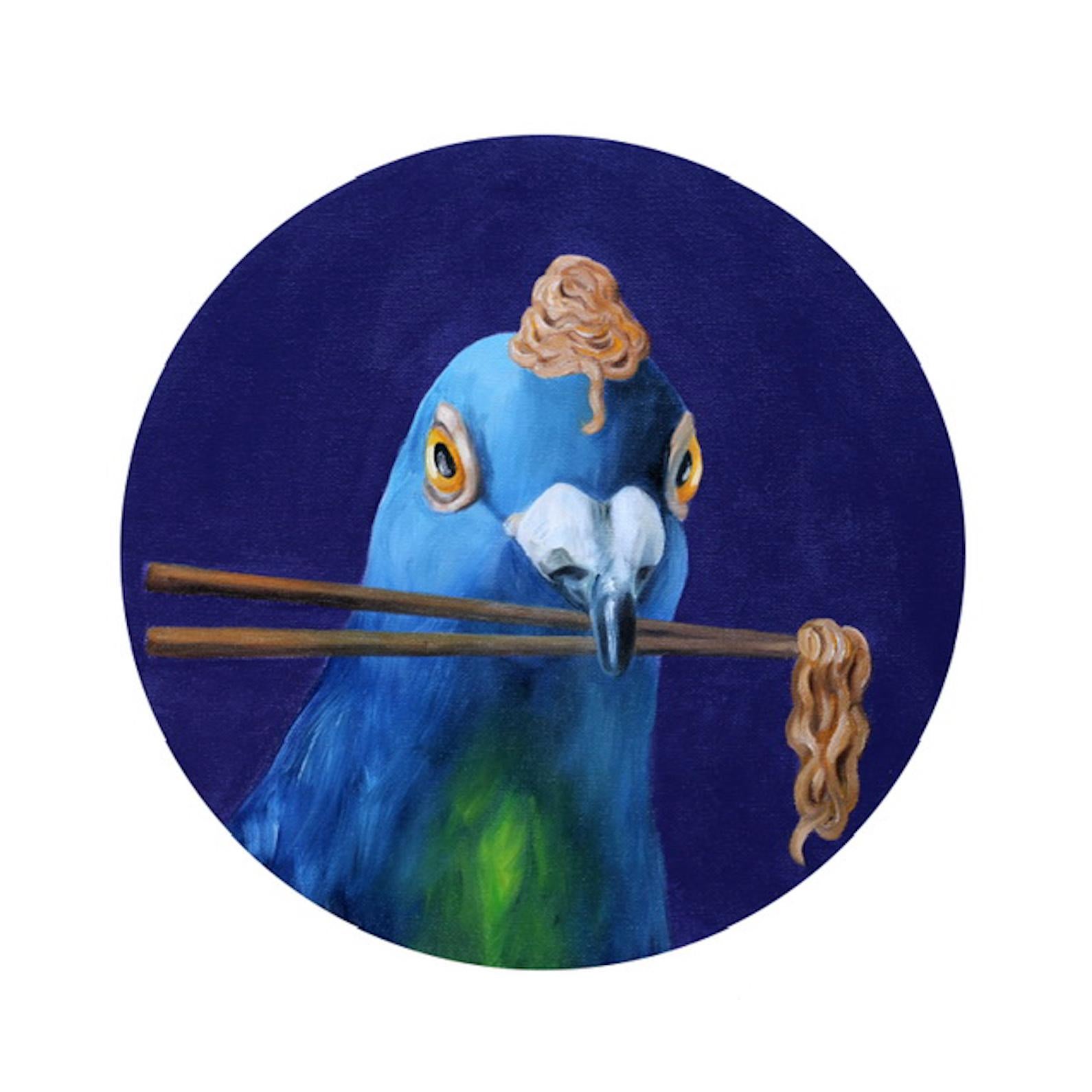 Ramen Pigeon - Oeuvre d'art contemporain originale - peinture animalière surréaliste