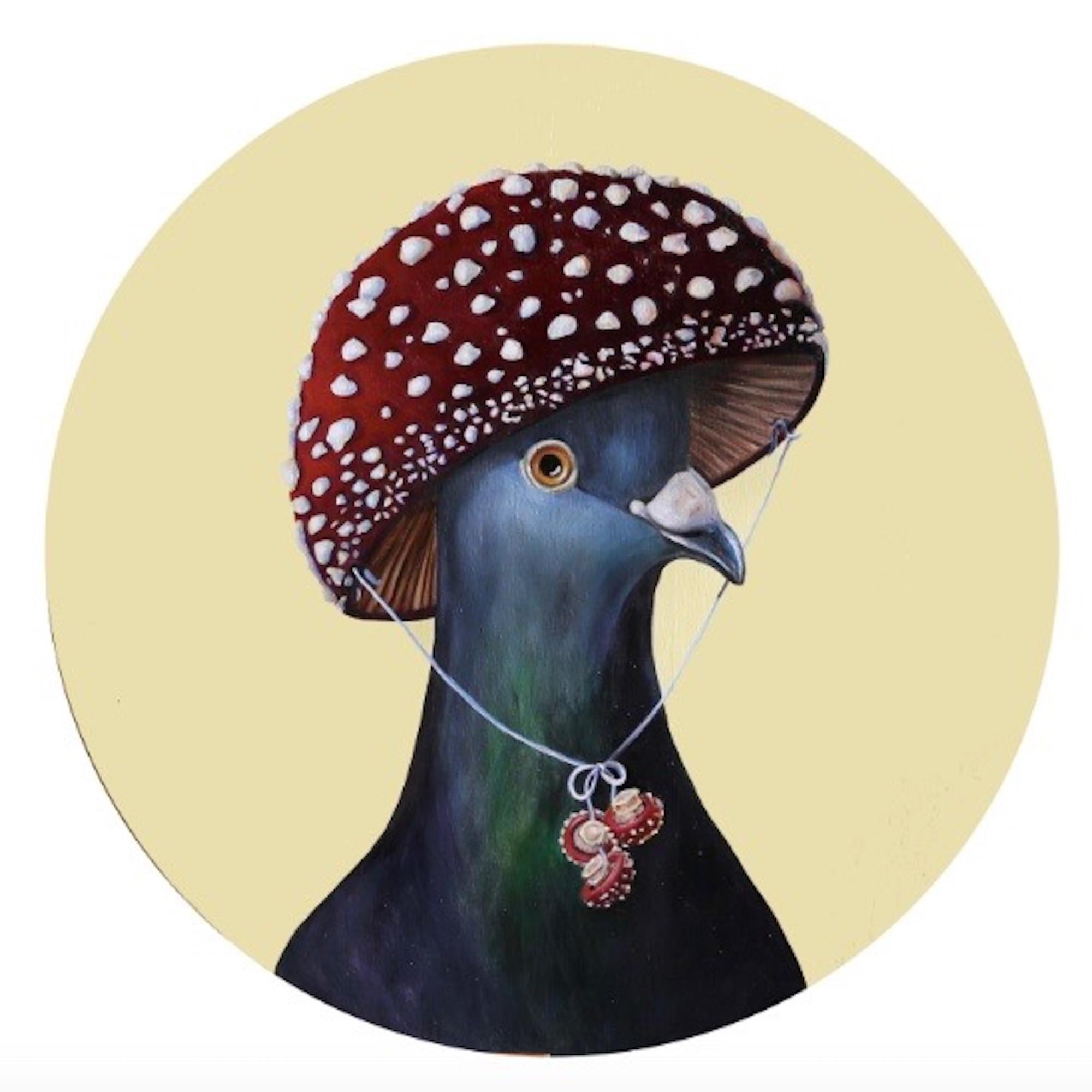 JJ Galloway - Red Mushroom Hat Pigeon - original artwork figurative realist  pop art animal For Sale at 1stDibs