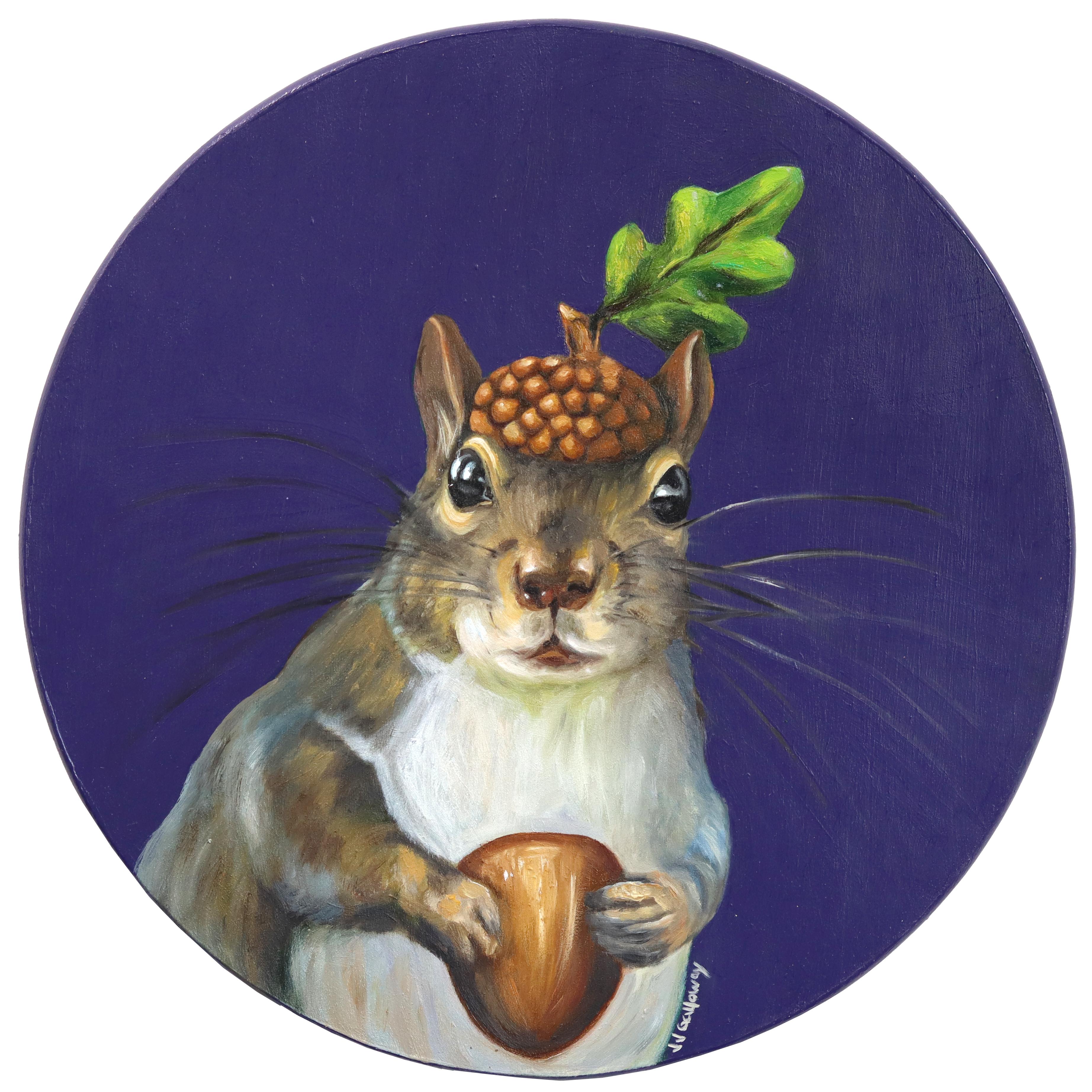 „Squirrel Nut CAP“ – Originelles, verspieltes und niedliches Tier-Ölgemälde auf Holztafel