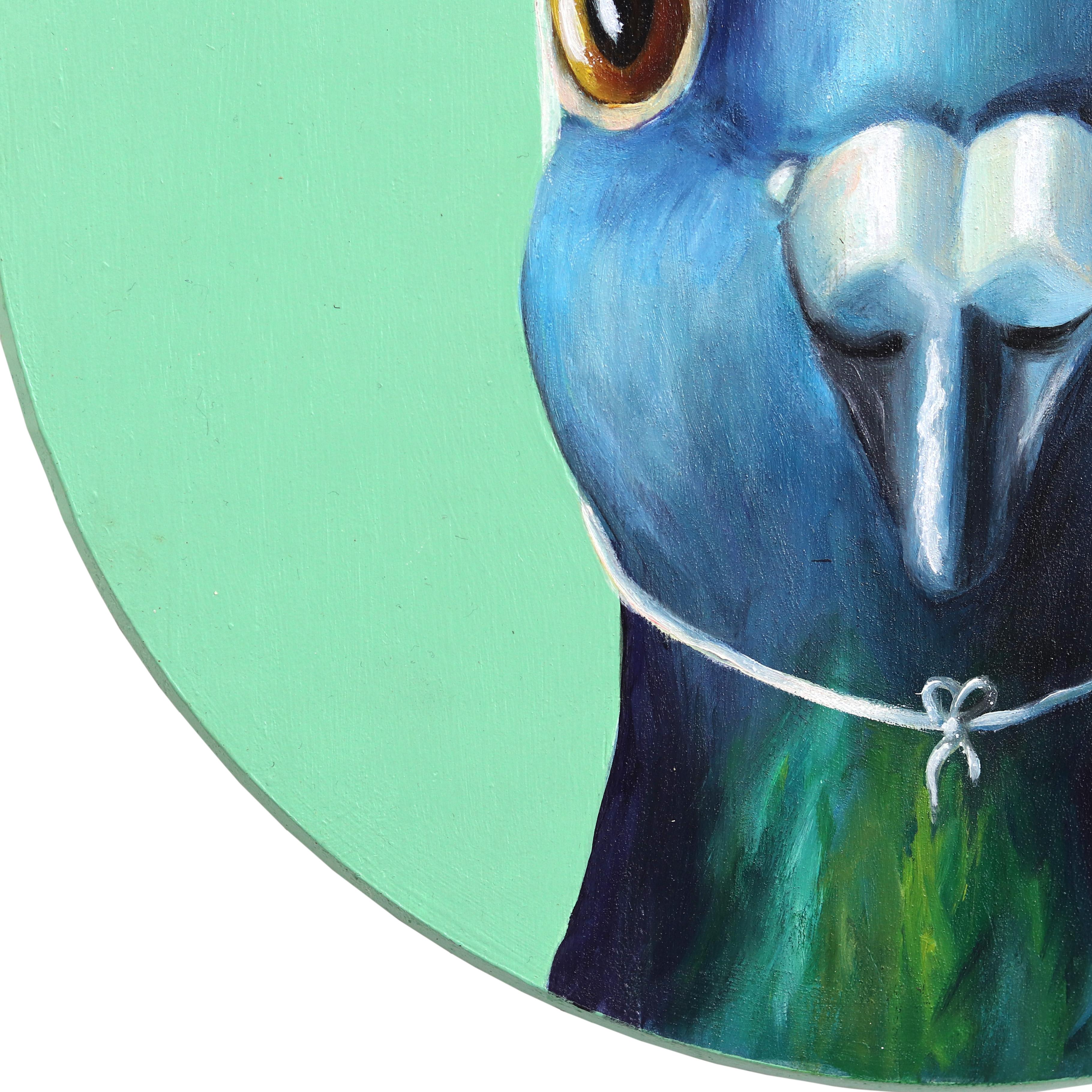 Strained Tomato Pigeon - Original bunte skurrile Vogel Malerei auf Holzplatte (Pop-Art), Painting, von JJ Galloway