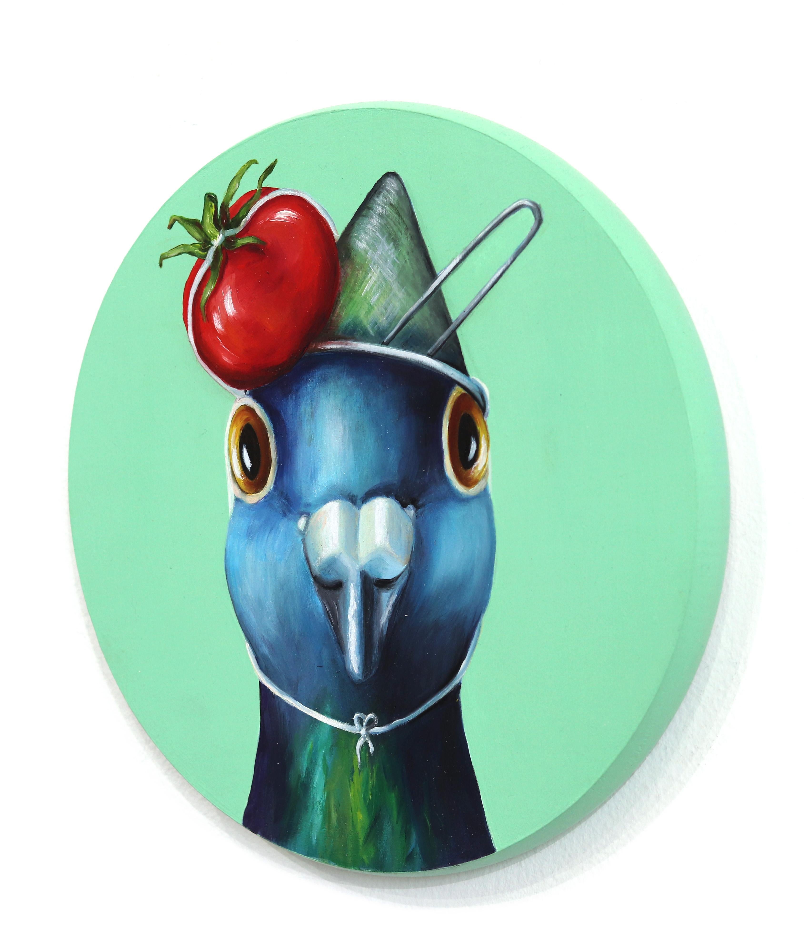 Strained Tomato Pigeon - Original bunte skurrile Vogel Malerei auf Holzplatte (Blau), Animal Painting, von JJ Galloway