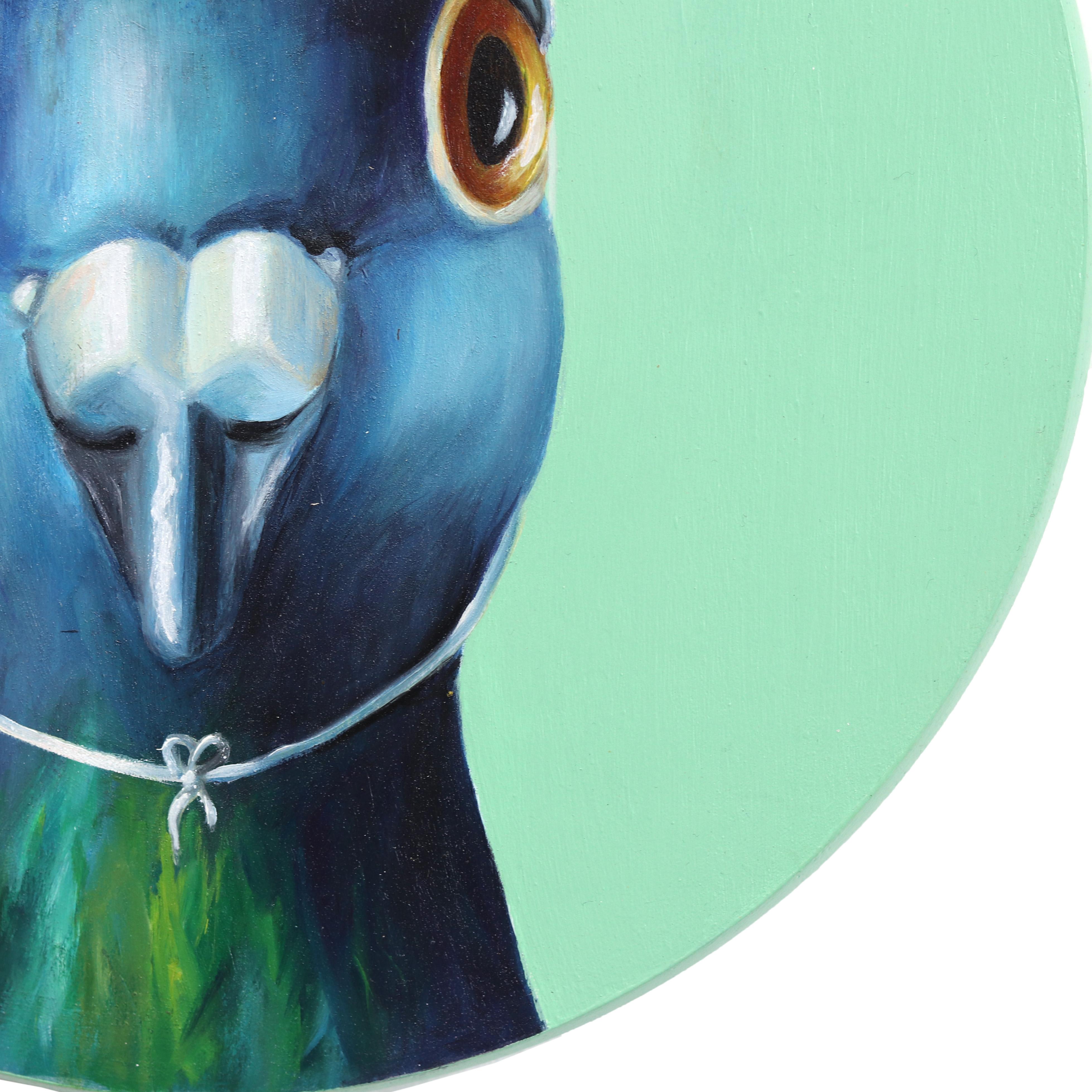 Strained Tomato Pigeon - Original bunte skurrile Vogel Malerei auf Holzplatte im Angebot 3