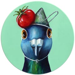 Strained Tomato Pigeon - Original Colorful Whimsical Bird Painting on Wood Panel