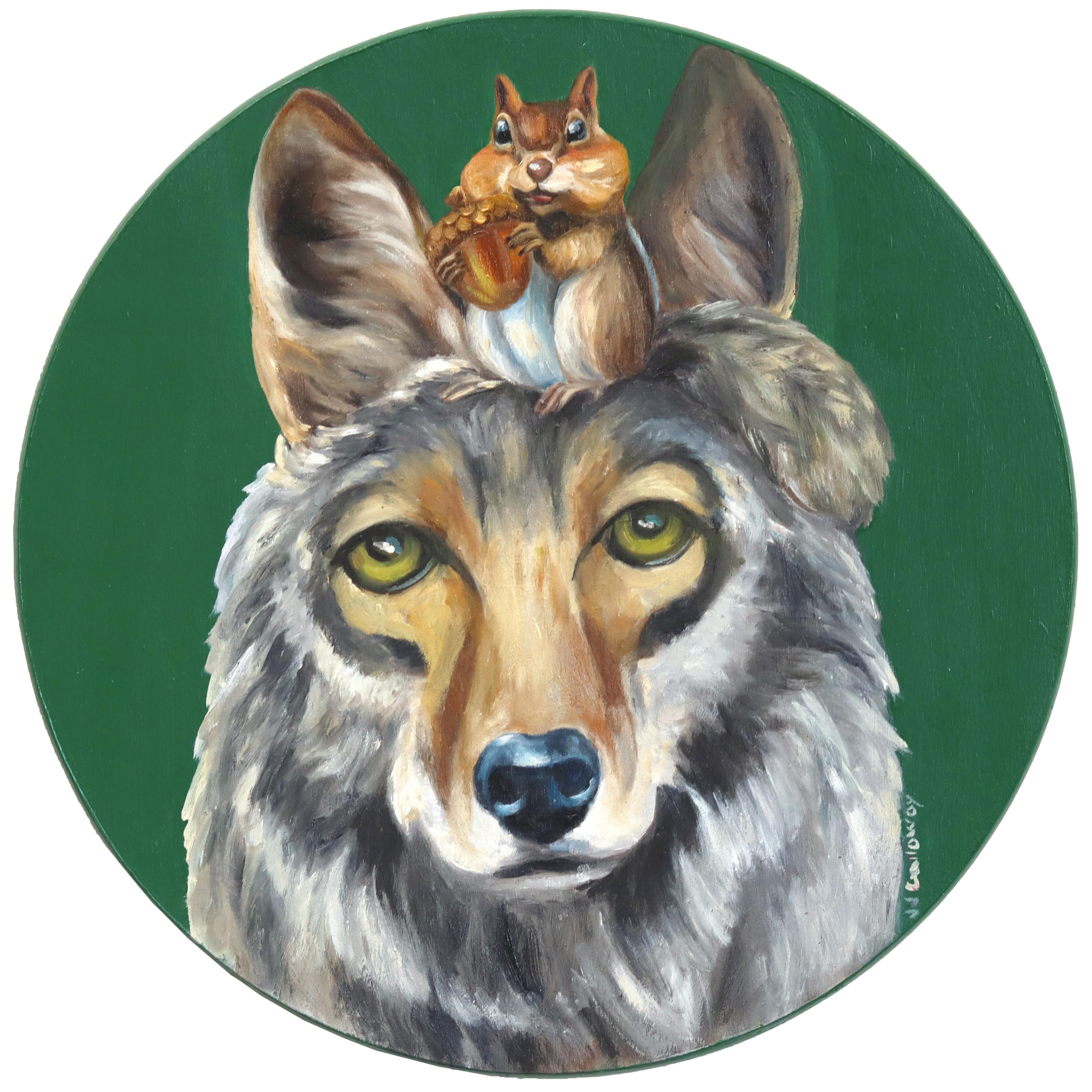 Animal Painting di JJ Galloway - Il coyote e lo scoiattolo - Dipinto a olio su tavola di legno con simpatici animaletti stravaganti