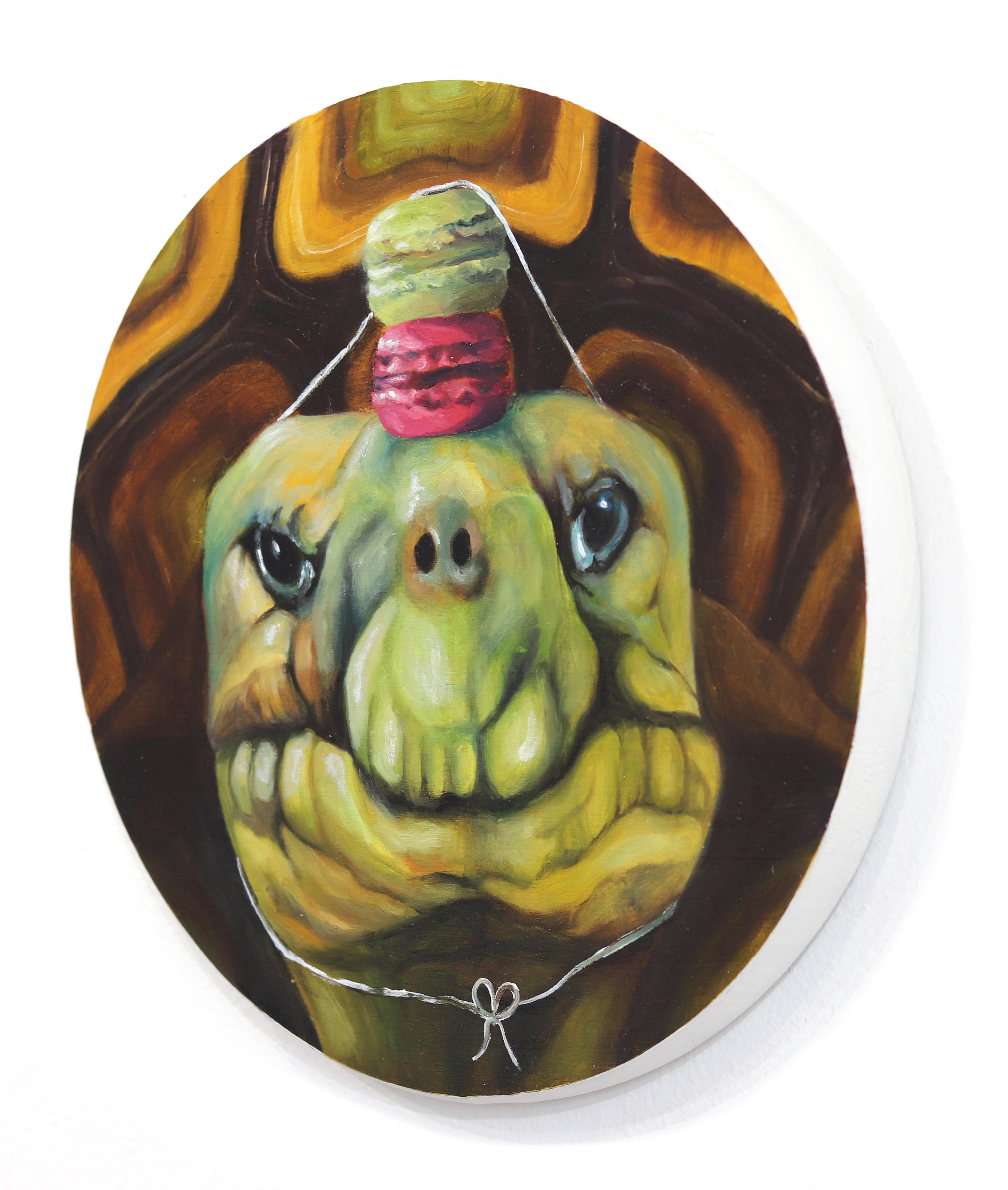 Turtle with a Macaroon Crown No. 1 - Playful Animal and Dessert Painting on Wood For Sale 1