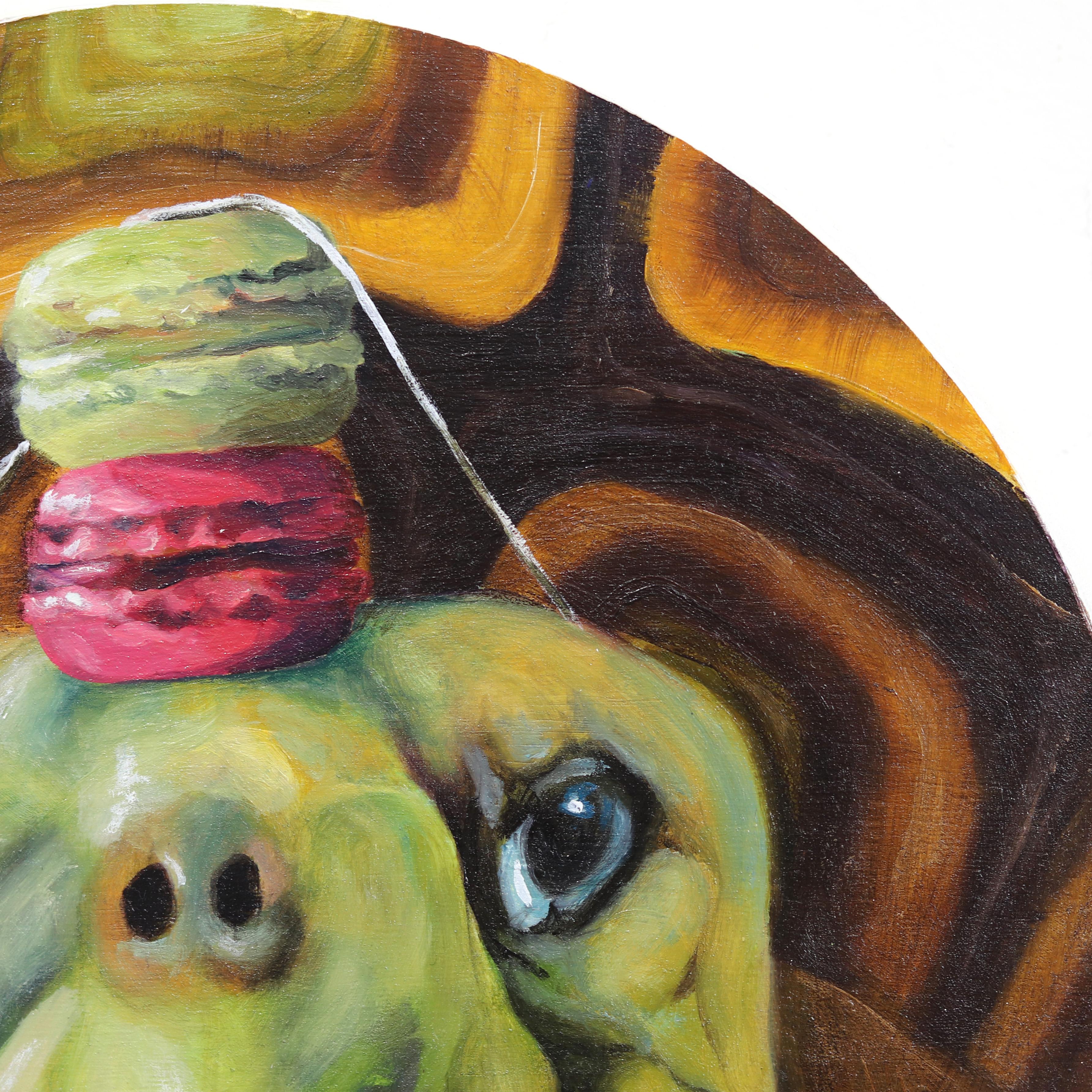 Turtle with a Macaroon Crown No. 1 - Playful Animal and Dessert Painting on Wood For Sale 2