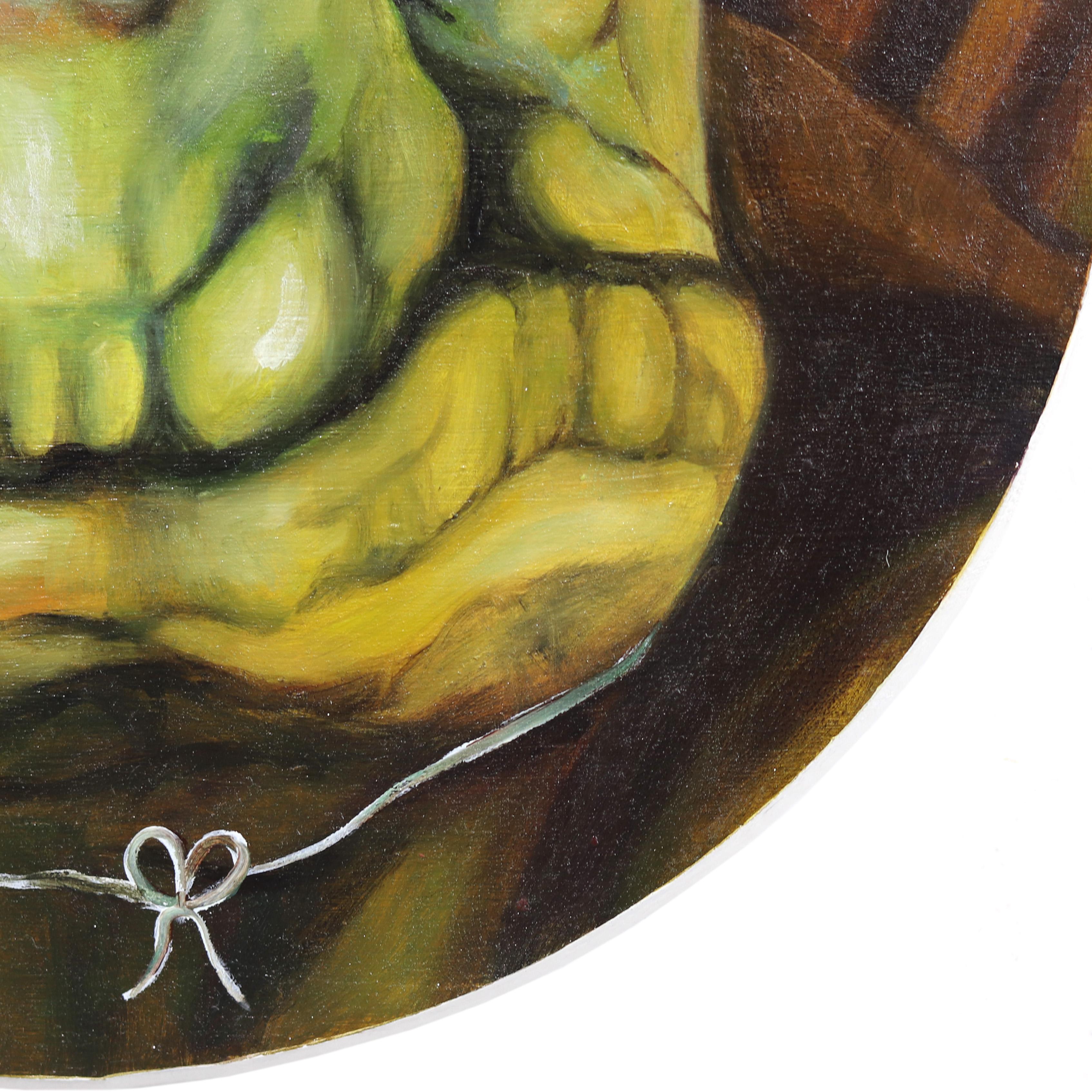 Turtle with a Macaroon Crown No. 1 - Playful Animal and Dessert Painting on Wood For Sale 5