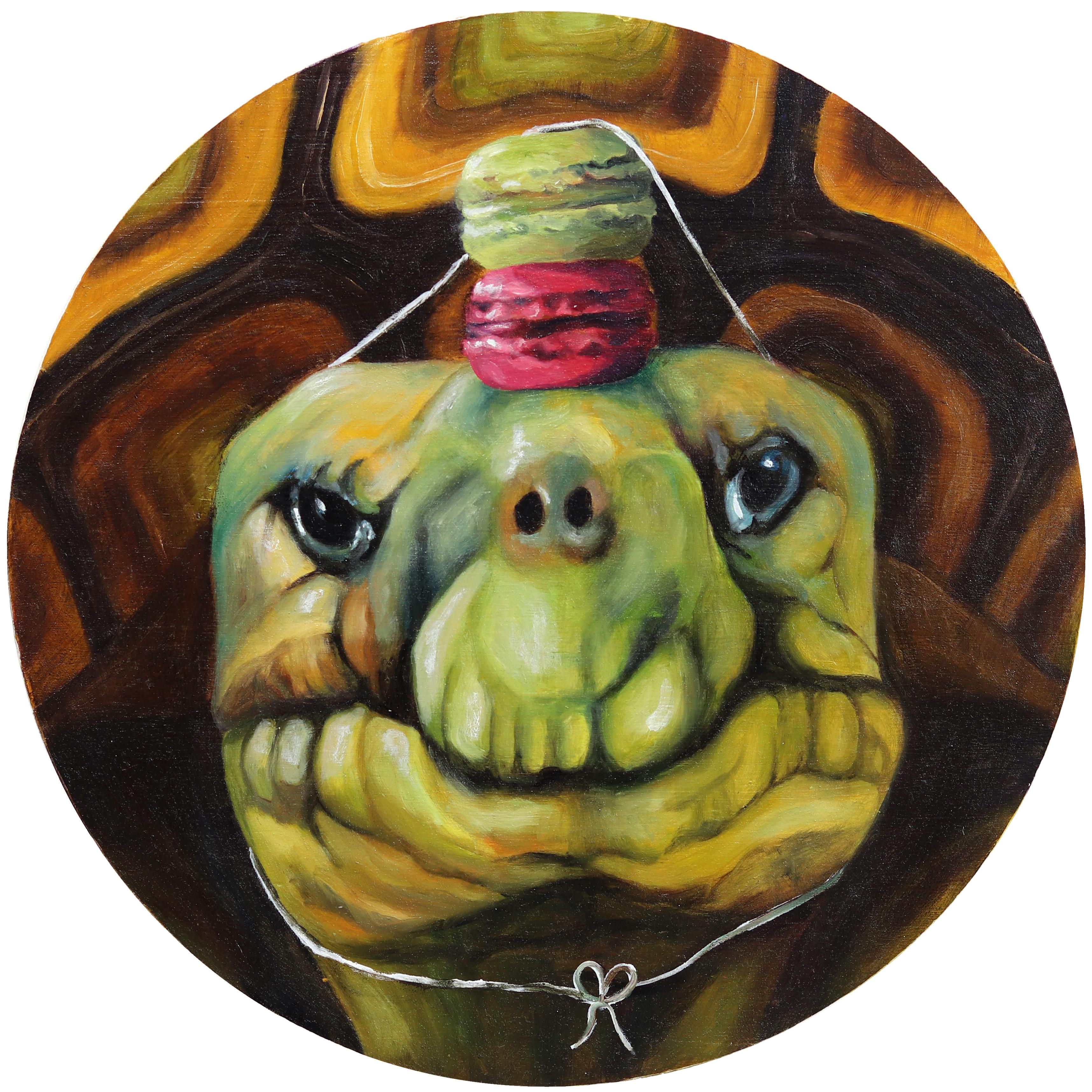 Turtle with a Macaroon Crown No. 1 - Playful Animal and Dessert Painting on Wood