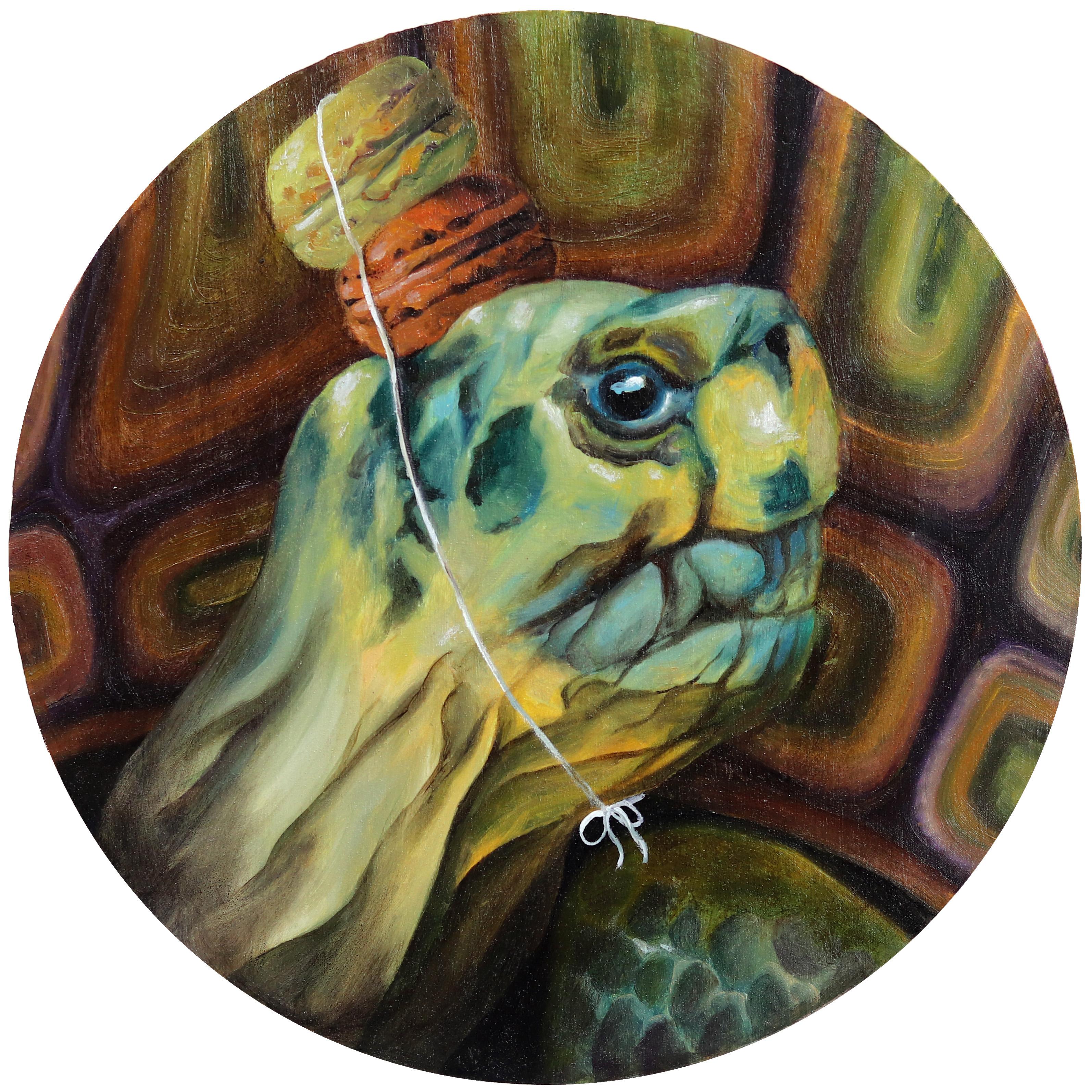 Tortuga con corona de macarrones nº 2 - Pintura juguetona de animales y postres sobre madera