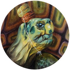 Tortuga con corona de macarrones nº 2 - Pintura juguetona de animales y postres sobre madera