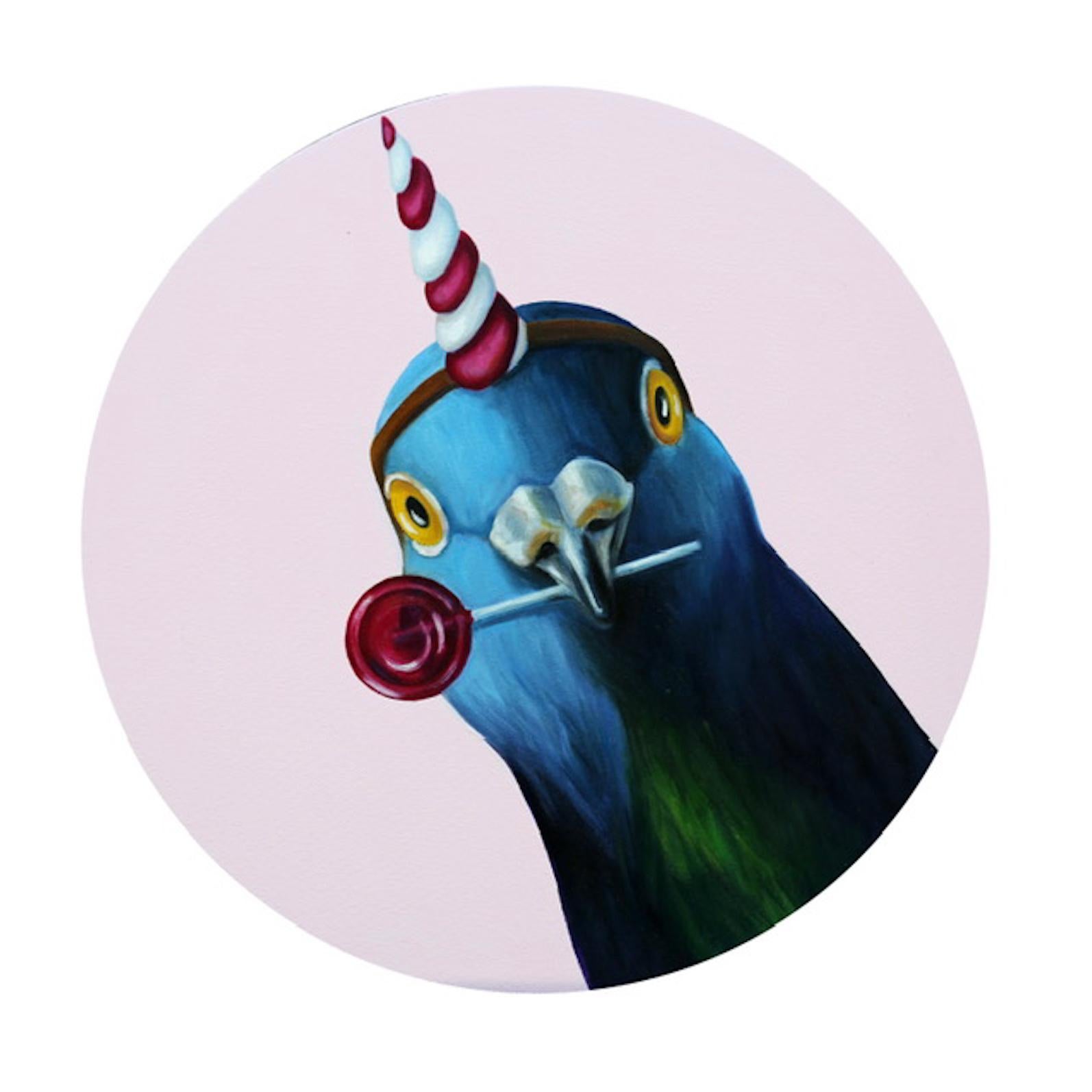 Pigeon licorne - Oeuvre d'art contemporain originale - peinture animalière surréaliste