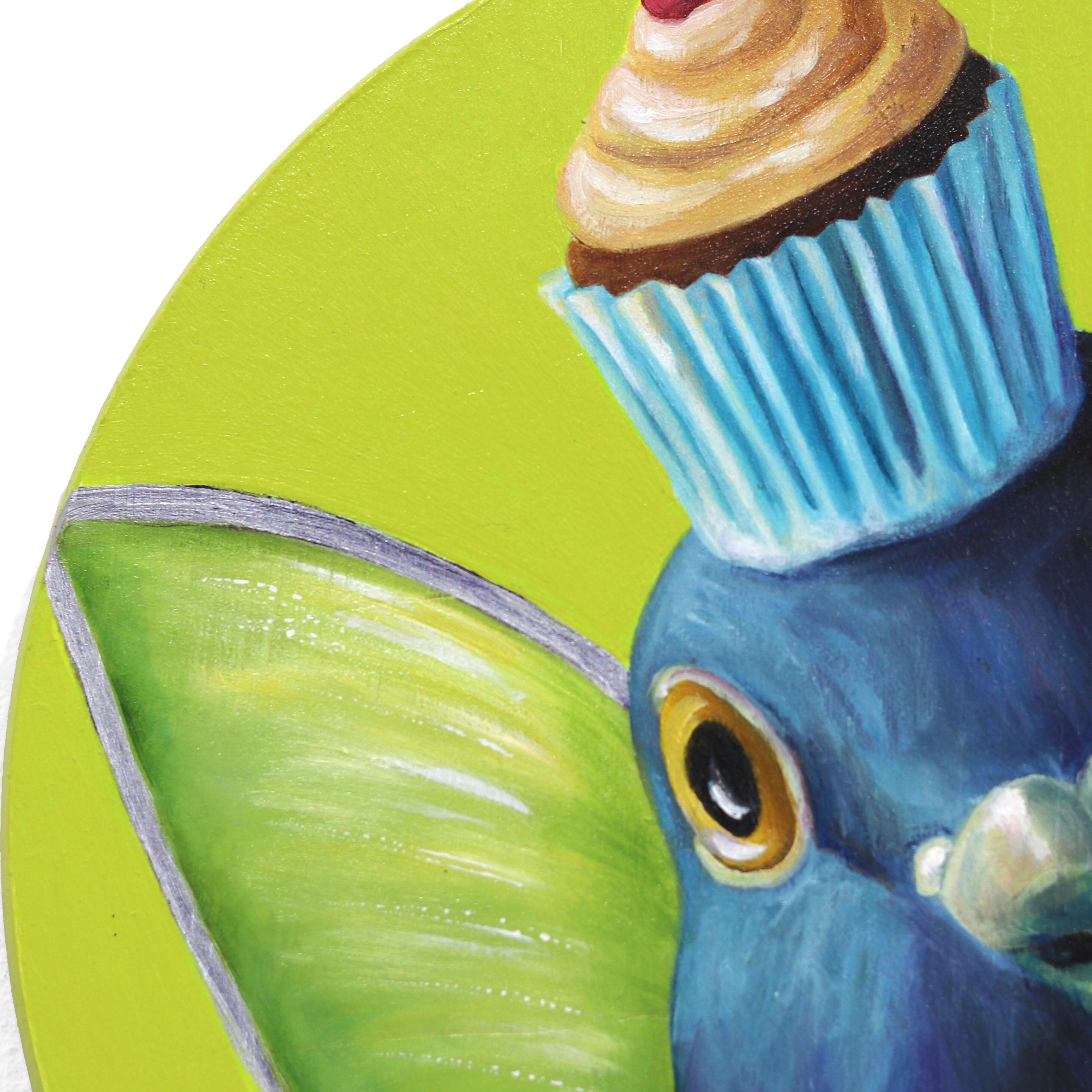 Hada de la cereza de vainilla - Pintura caprichosa de pájaros verdes y comida - Painting Arte pop de JJ Galloway